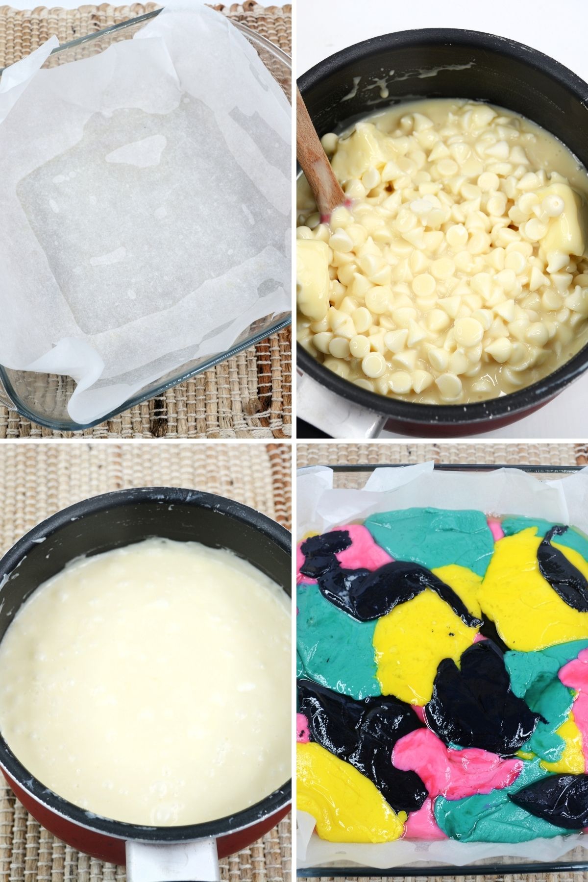 four photos of the process: glass baking dish lined with wax paper; sauce pan with ingredients being melted; melted white fudge in sauce pan; teal, black, yellow, and pink fudge mixture in baking dish