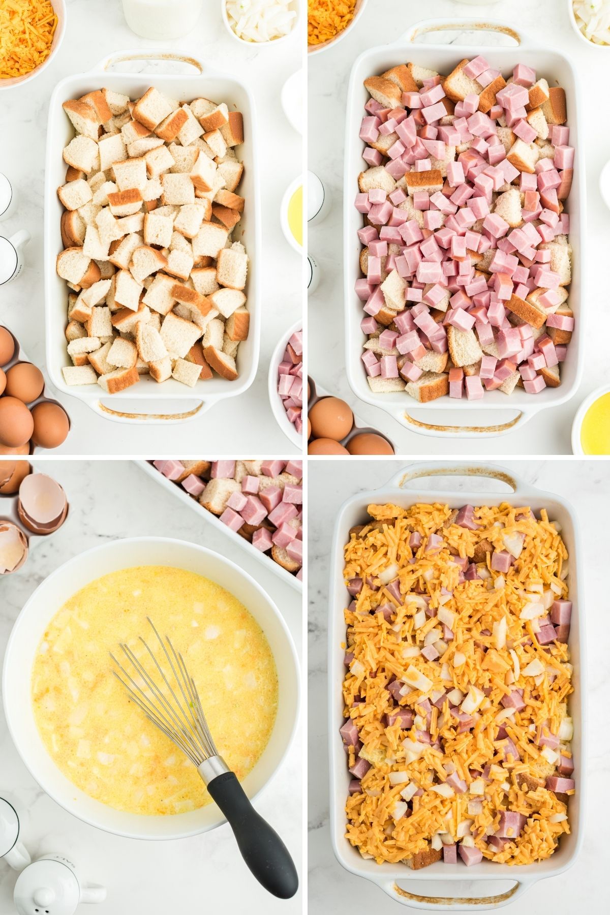 four steps: bread in casserole dish, topped with diced ham; bowl with whisk and egg mixture; casserole dish with cheese on top