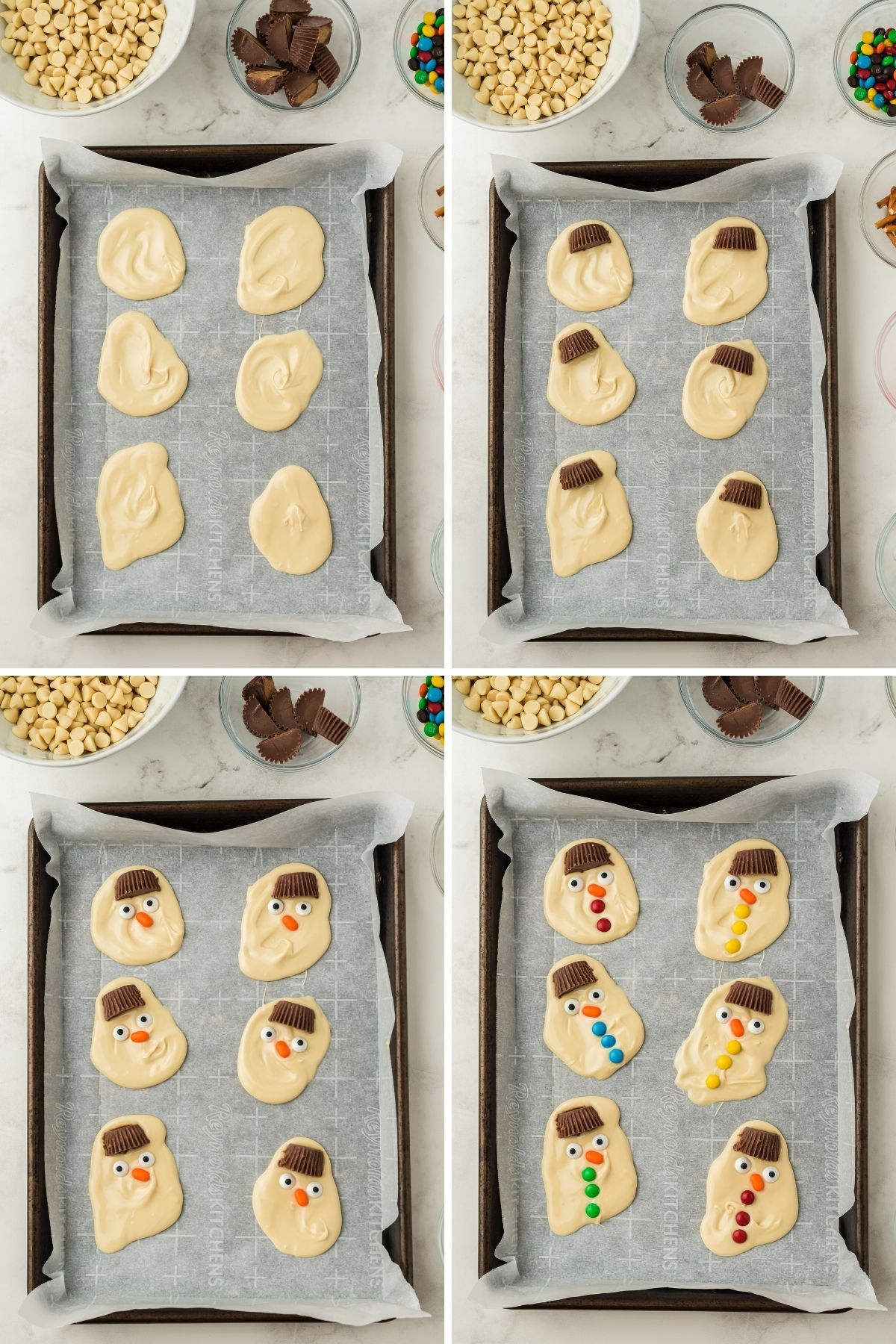 four photos of sheet pans with process: white chocolate blobs; added Reese's on top; added eyes and orange tic tac for nose; added M&Ms for buttons