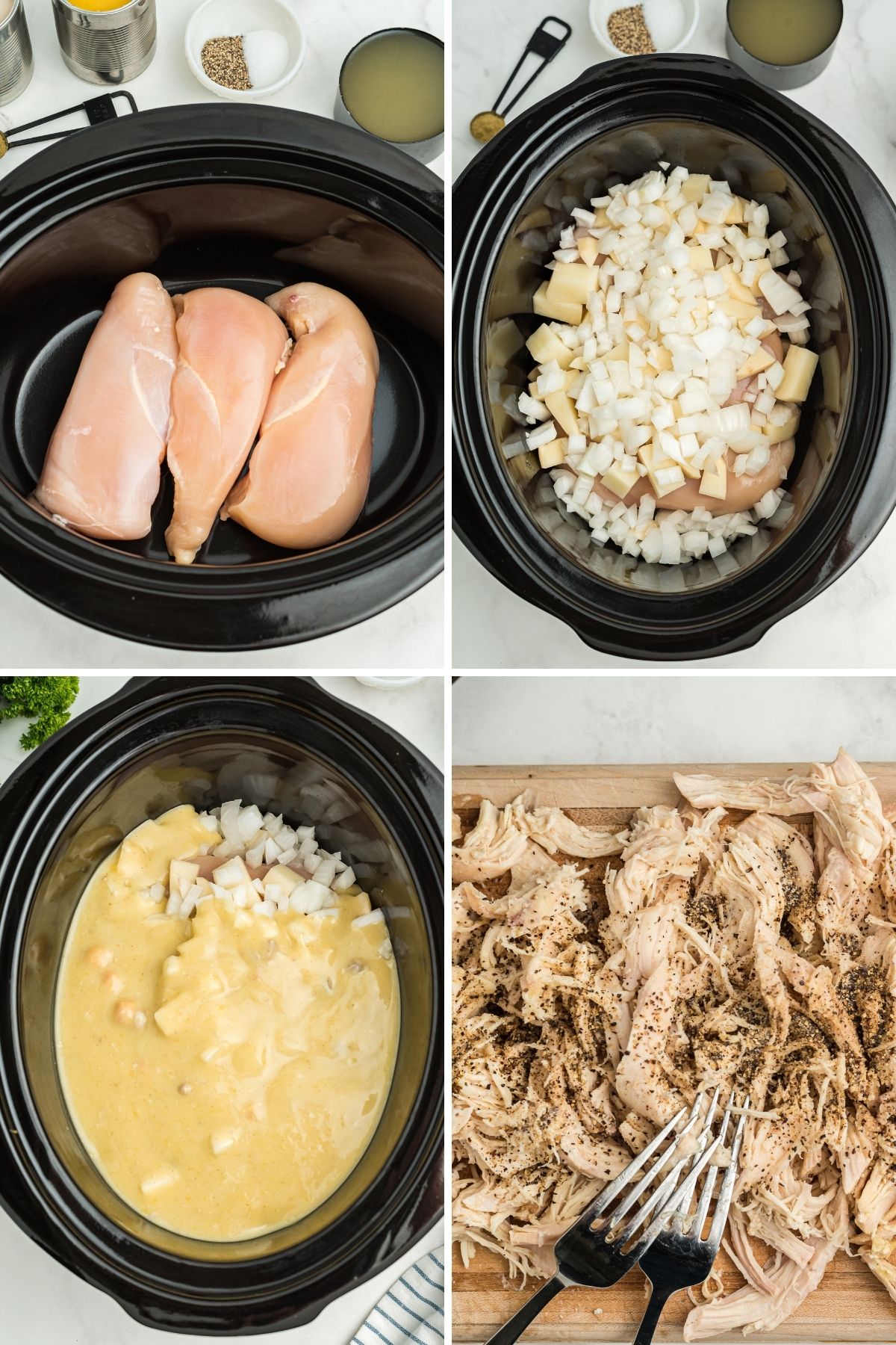 four photos: raw chicken in crockpot; added diced potatoes and onions; topped with soup; shredded chicken on cutting board