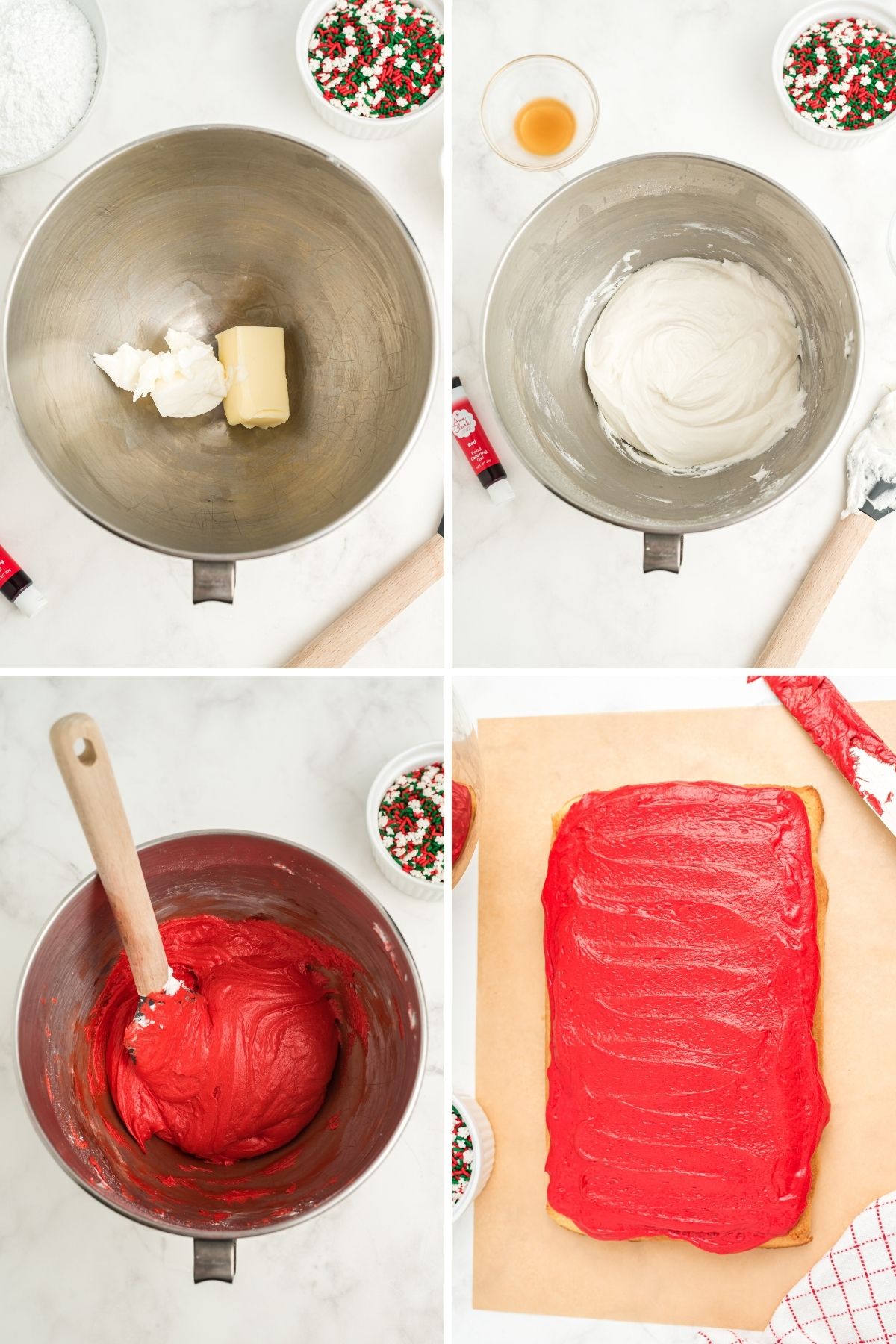 four photos making buttercream: mixing bowl with butter and shortening: mixture mixed together; red food color added to frosting in bowl; red buttercream spread on top of sugar cookie bar