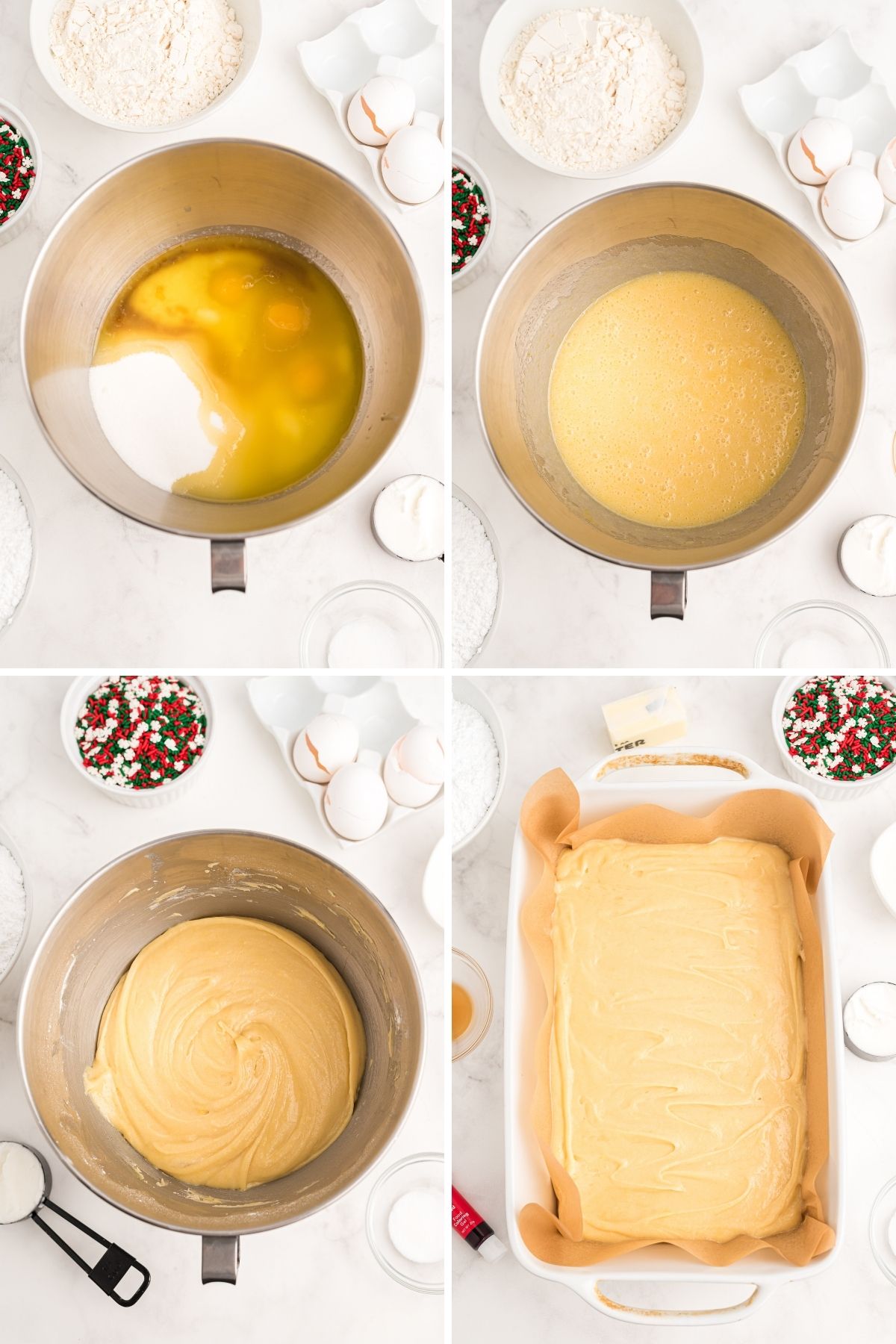 four photos: mixing bowl with wet ingredients; bowl stirred together; thick batter in mixing bowl; batter in bottom of 9x13 dish lined with parchment paper