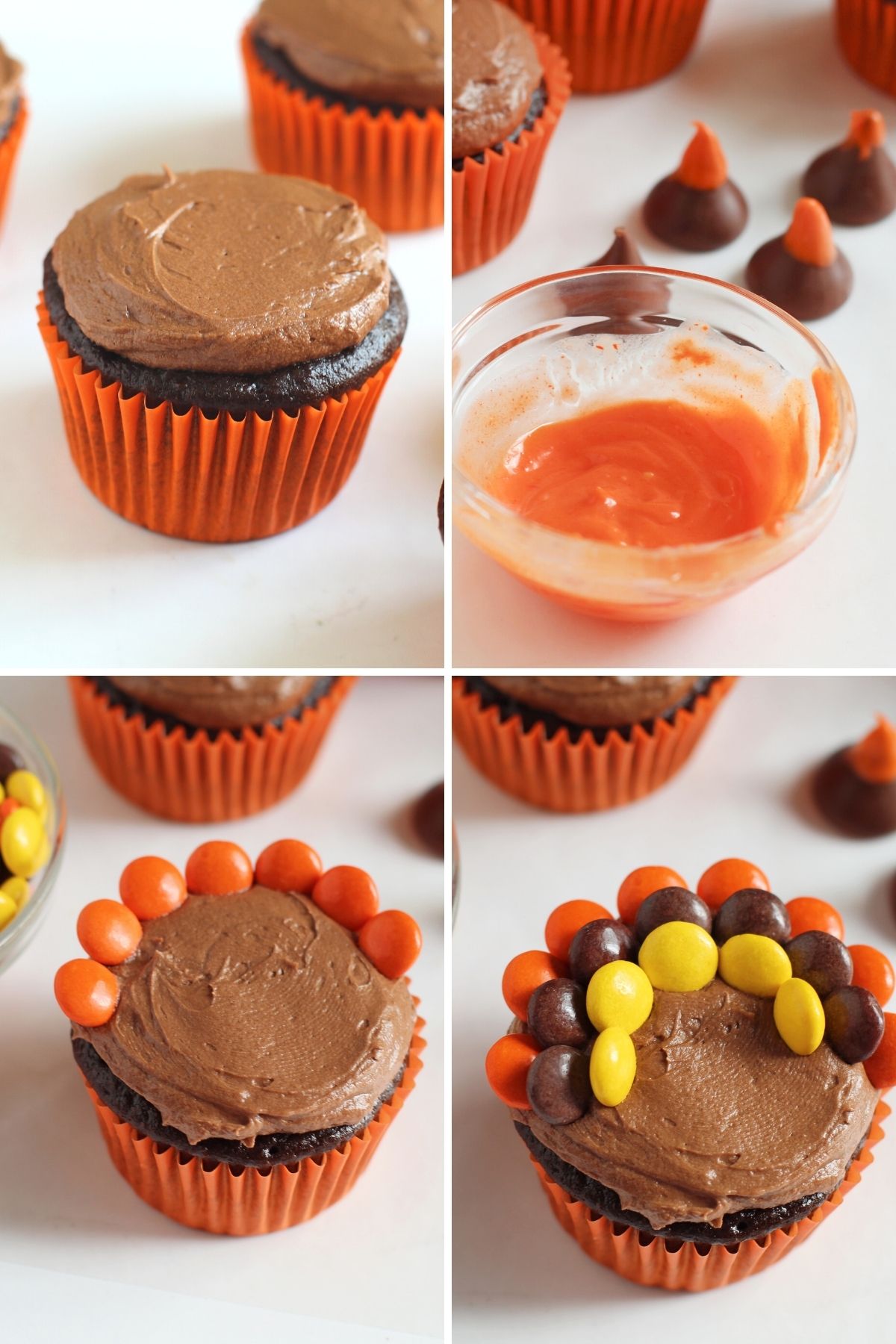 four photos: chocolate cupcake with brown frosting; orange chocolate and Hershey's kisses (for Turkeys nose); orange Reese's in a semicircle on cupcake; two more rows of Reese's to create feathers