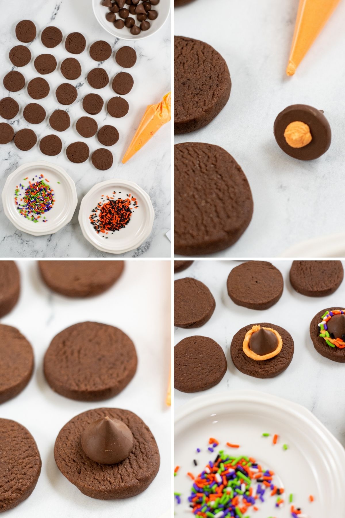 four photos: sliced baked cookies; dollop of orange frosting on bottom of Hershey's kiss, Hershey's kiss on top of chocolate cookie; orange frosting around Hershey's kiss and sprinkles