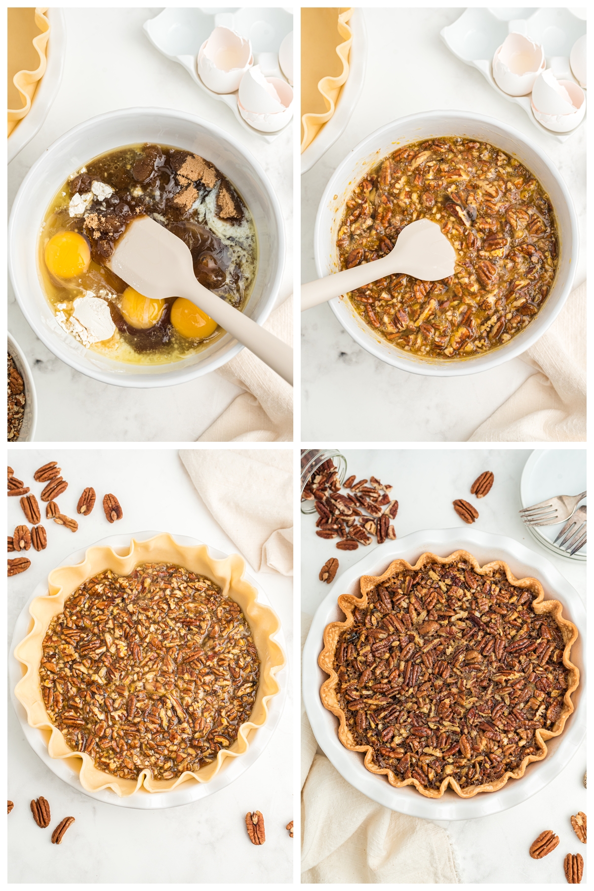 Procedure of making a classic pecan pie. First is combine all the ingredients in a white bowl. The second is mixing them until smooth. Then pour the pie mixture on a shell and bake for 40 minutes. 