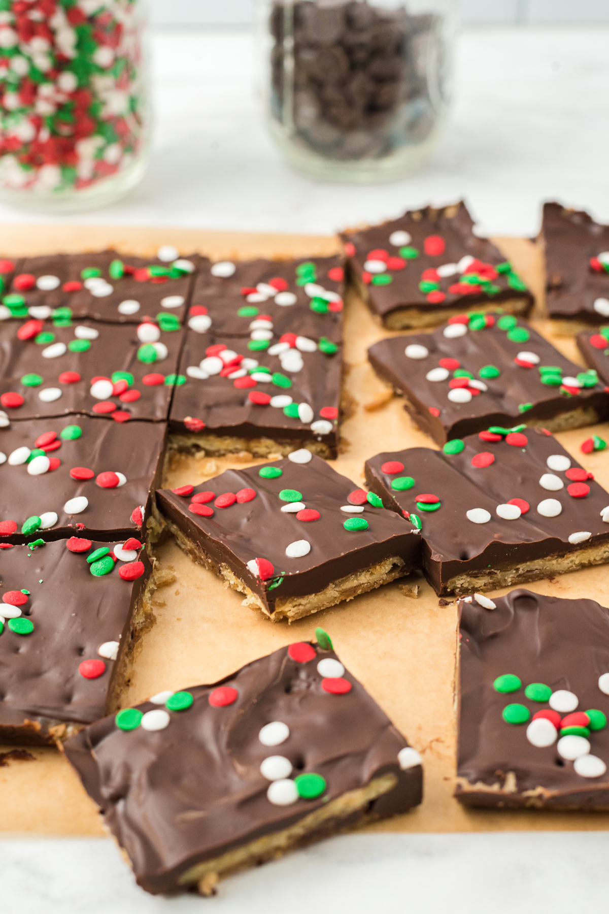 Slices of Christmas crack recipe on a tray