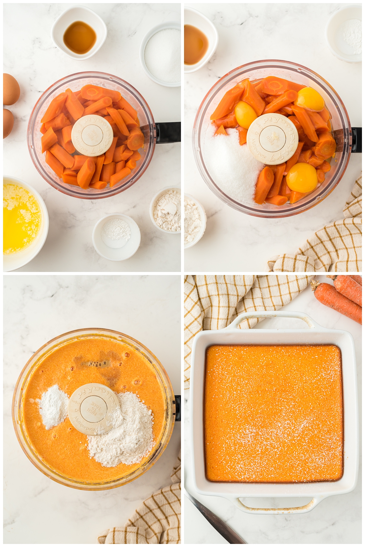 Procedure on preparing a Carrot Souffle. First is peel the carrots into small chunks then boil it. Drain and add melted butter eggs and sugar and blend until smooth. Add flour and baking powder and vanilla. Then blend again and bake for 40-45 minutes until golden brown and firm. Can be garnished with powdered sugar.