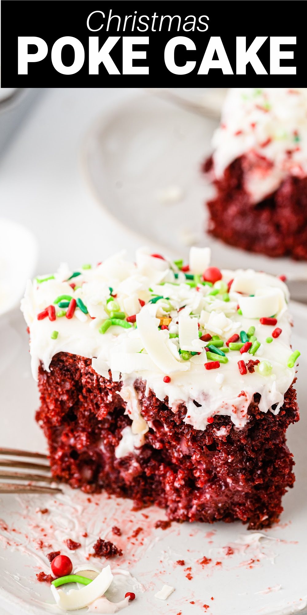 This red velvet Christmas Poke Cake is a fun and easy chocolate holiday cake filled with white chocolate cream and topped with a thick layer of creamy cream cheese frosting. The red color combined with crisp white frosting and added Christmas sprinkles make a perfect dessert.
