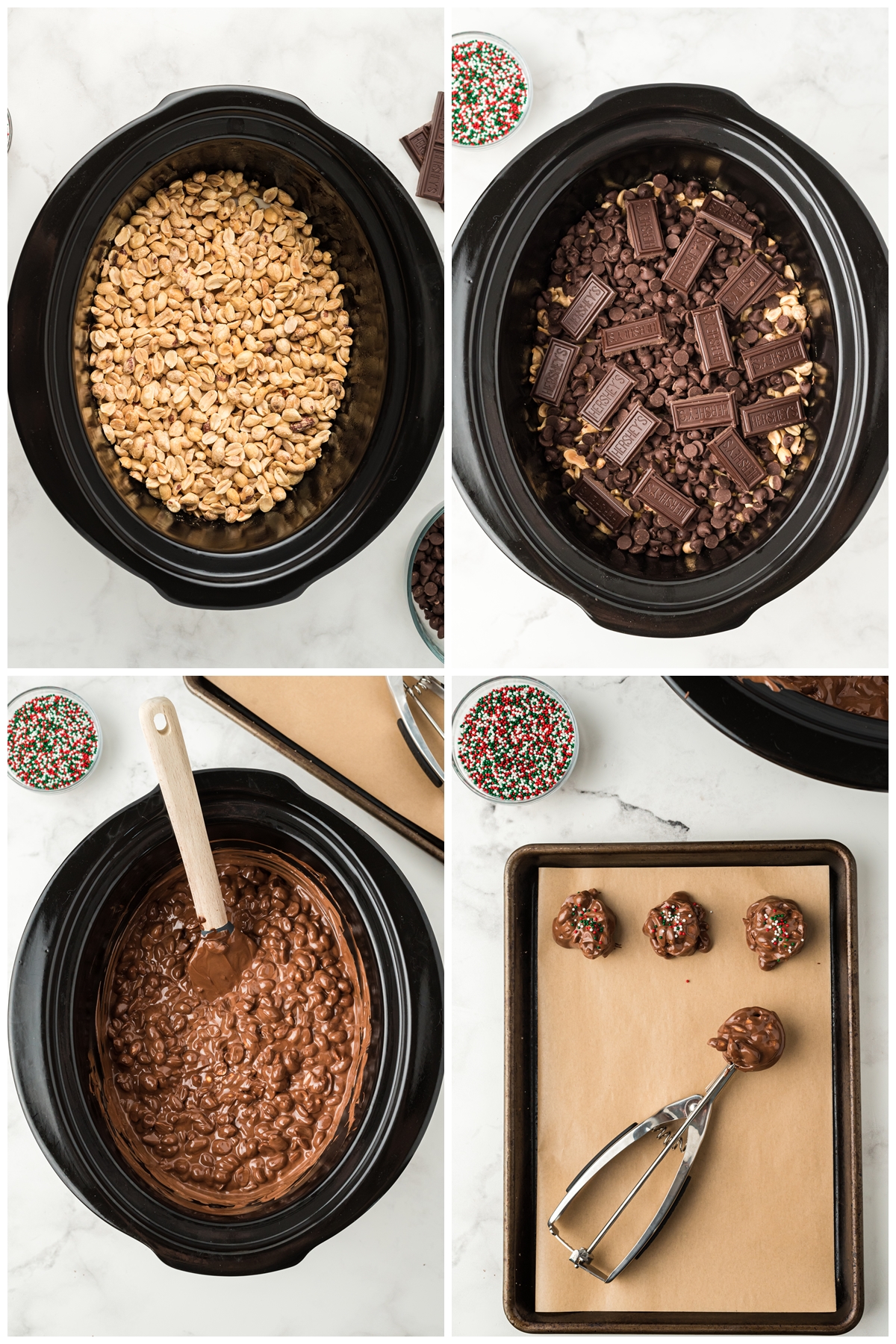 The process of preparing Crockpot Christmas Crack starting off with adding salty peanuts, white and milk chocolate and melting them. Then scooping into bite sizes