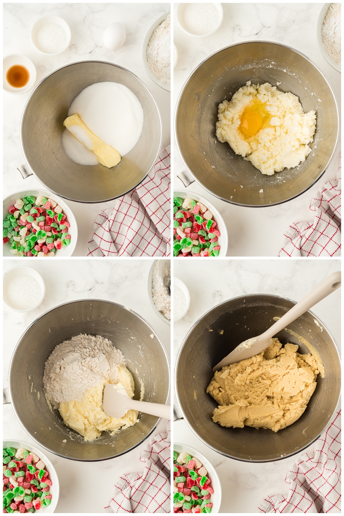 A grid photo of the process of preparing Gum Drop Cookies. First combine all ingredients in a bowl, then add egg, vanilla, flour and mix them.