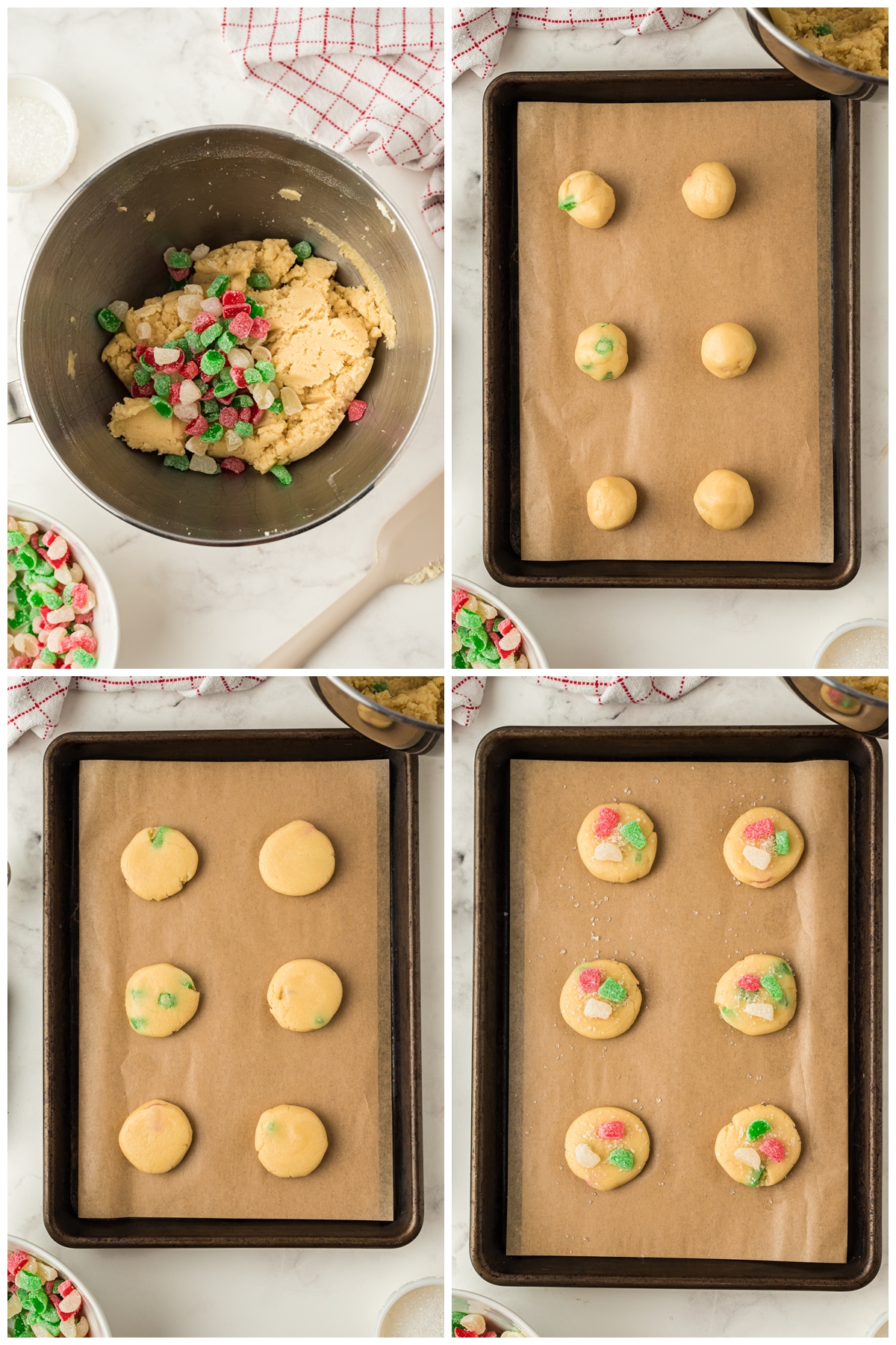 Continuation of the process on how to prepare gum drop cookie. Adding quartered gum drops into the mixture and placing them into a tray for baking. 
