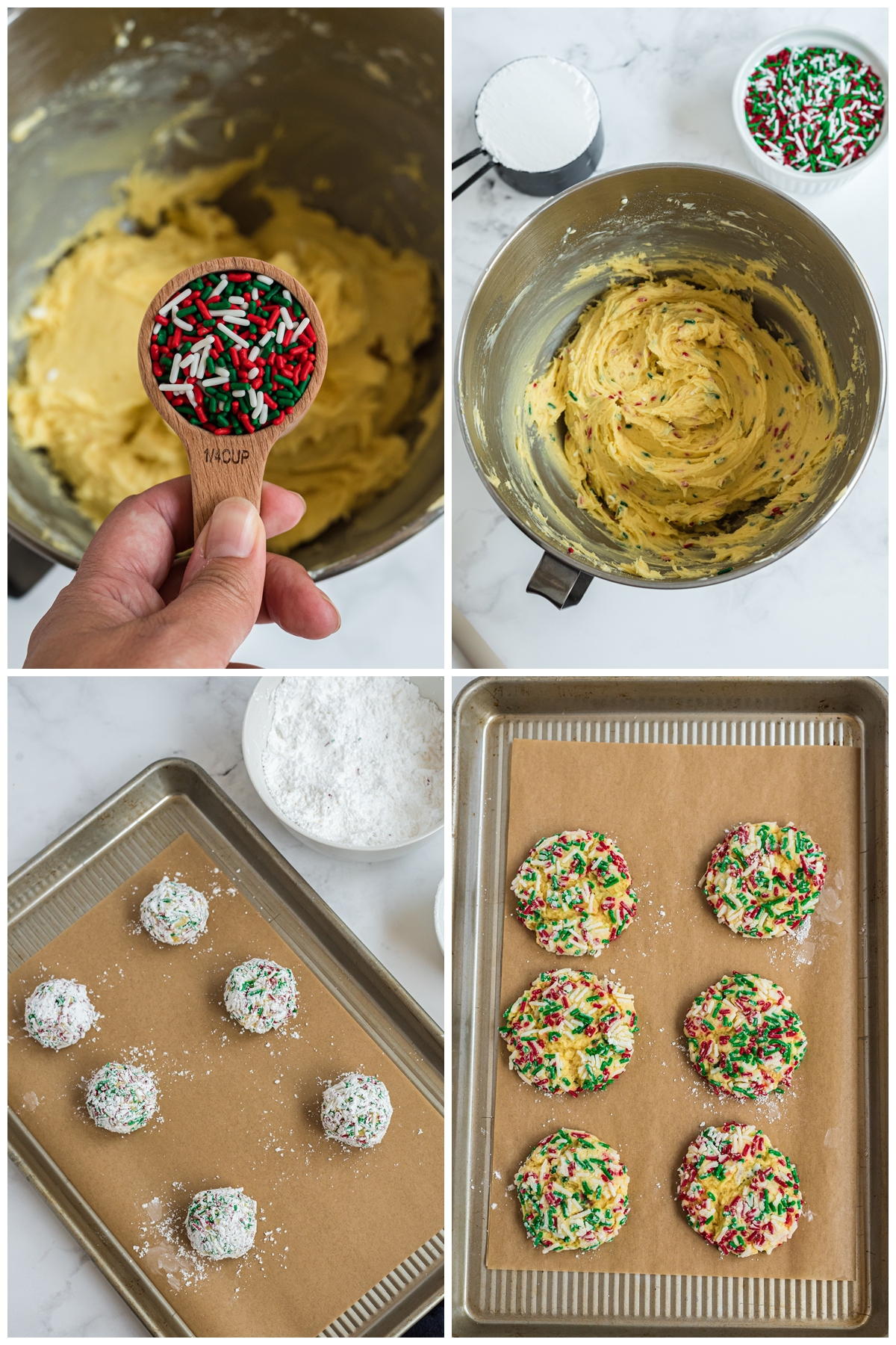 A photo grid process of preparing Ooey Gooey Butter Cookies. Starting off with mixing all ingredients together in a bowl and chilling the cookie dough for 30-40 minutes. Then scooping each cookie and putting it on a tray for baking.  