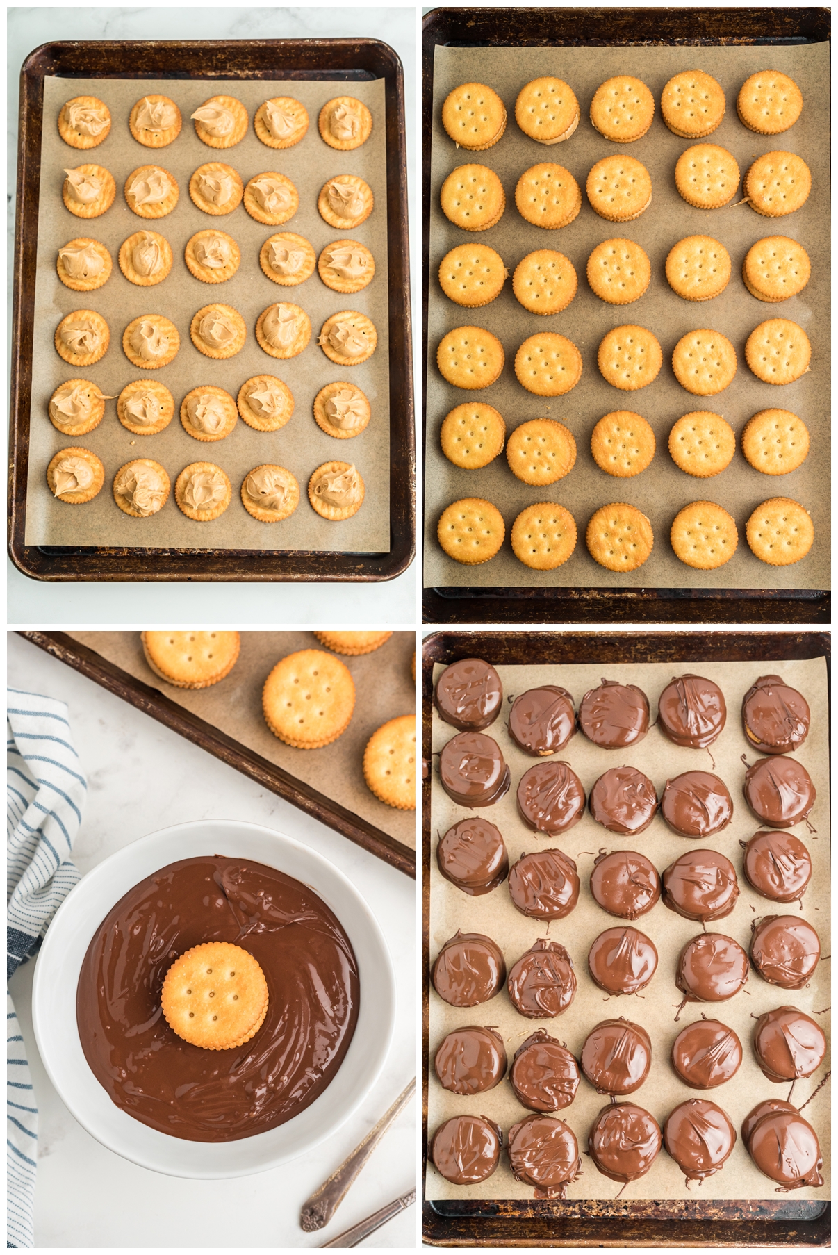 A collage photo of instructions on preparing Ritz Peanut Butter Cookies. First is placing Ritz crackers and putting a tablespoon of peanut butter mixture to each cracker. Then placing a second cracker on top and refrigerate them. Then cover the cookies with a melted chocolate and refrigerate them again for 20 minutes. 