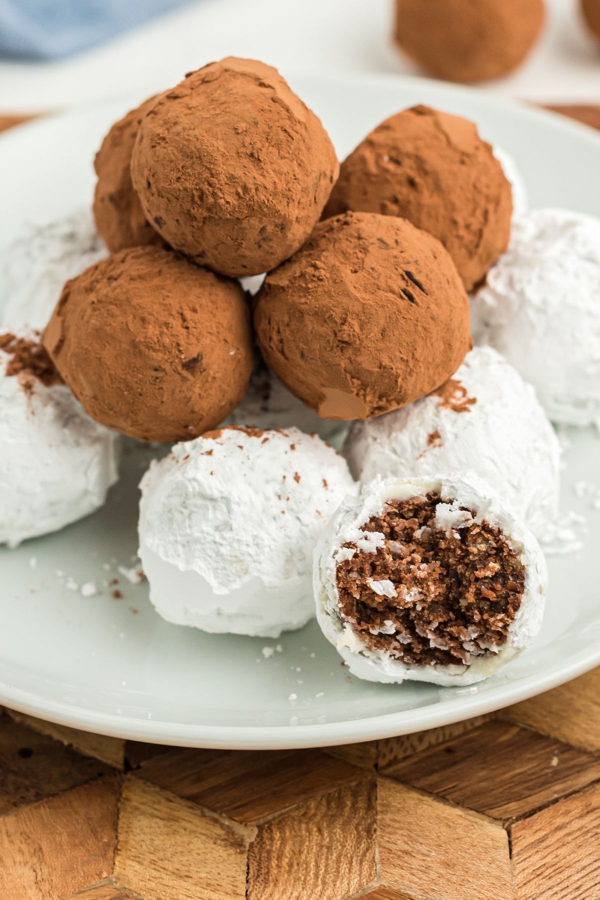 cocoa covered and white powdered sugar covered rum balls