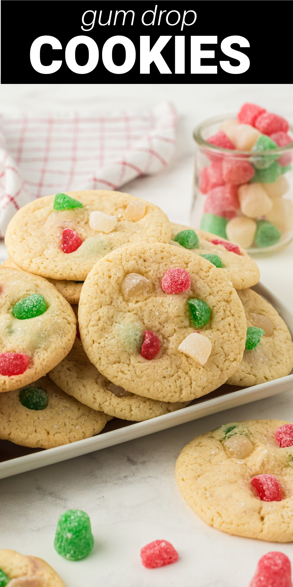 These soft and chewy old-fashioned Gumdrop Cookies will take you straight back to your childhood. Sugar cookies studded with colorful gumdrops will make the most delicious Christmas Cookies this holiday season.
