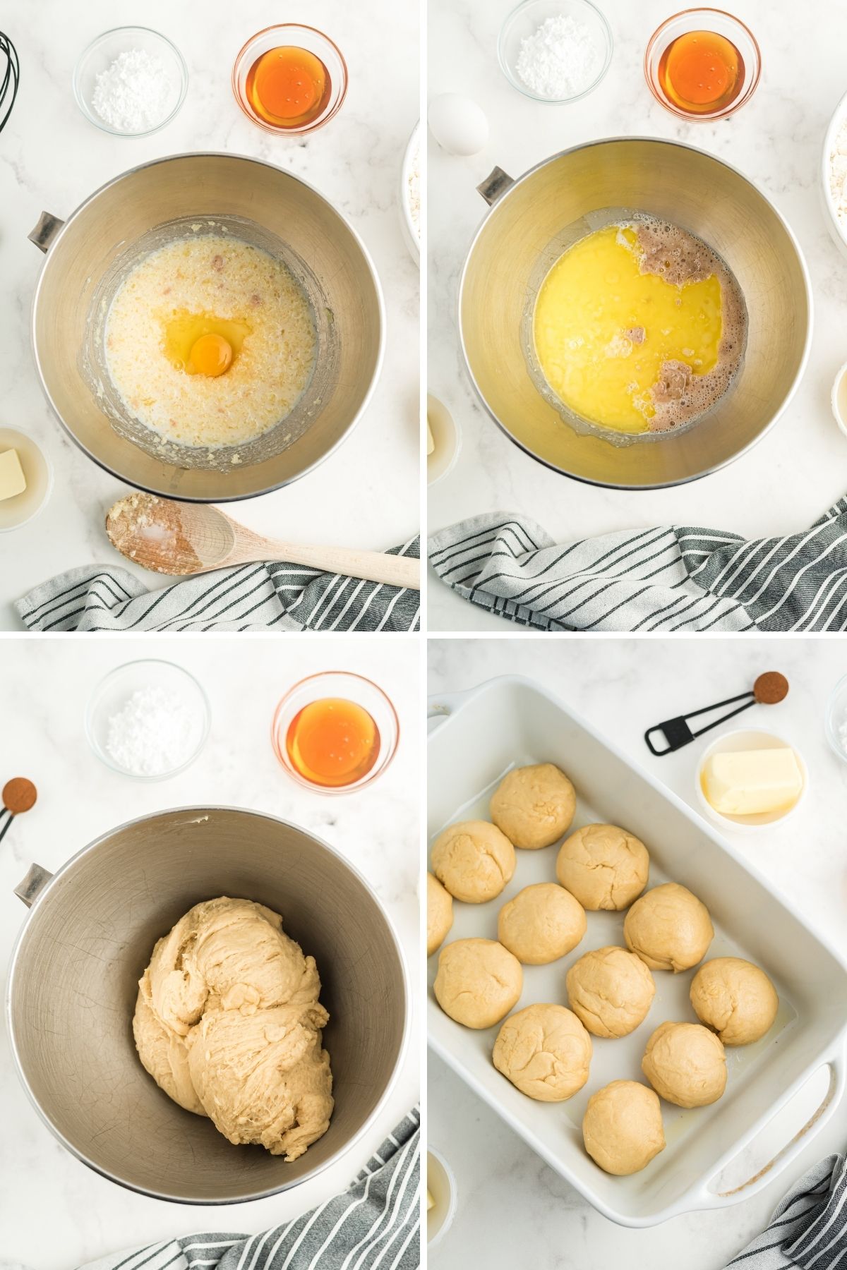 four photos: ingredients in mixing bowl, dough stirred together, dough made into balls in casserole dish