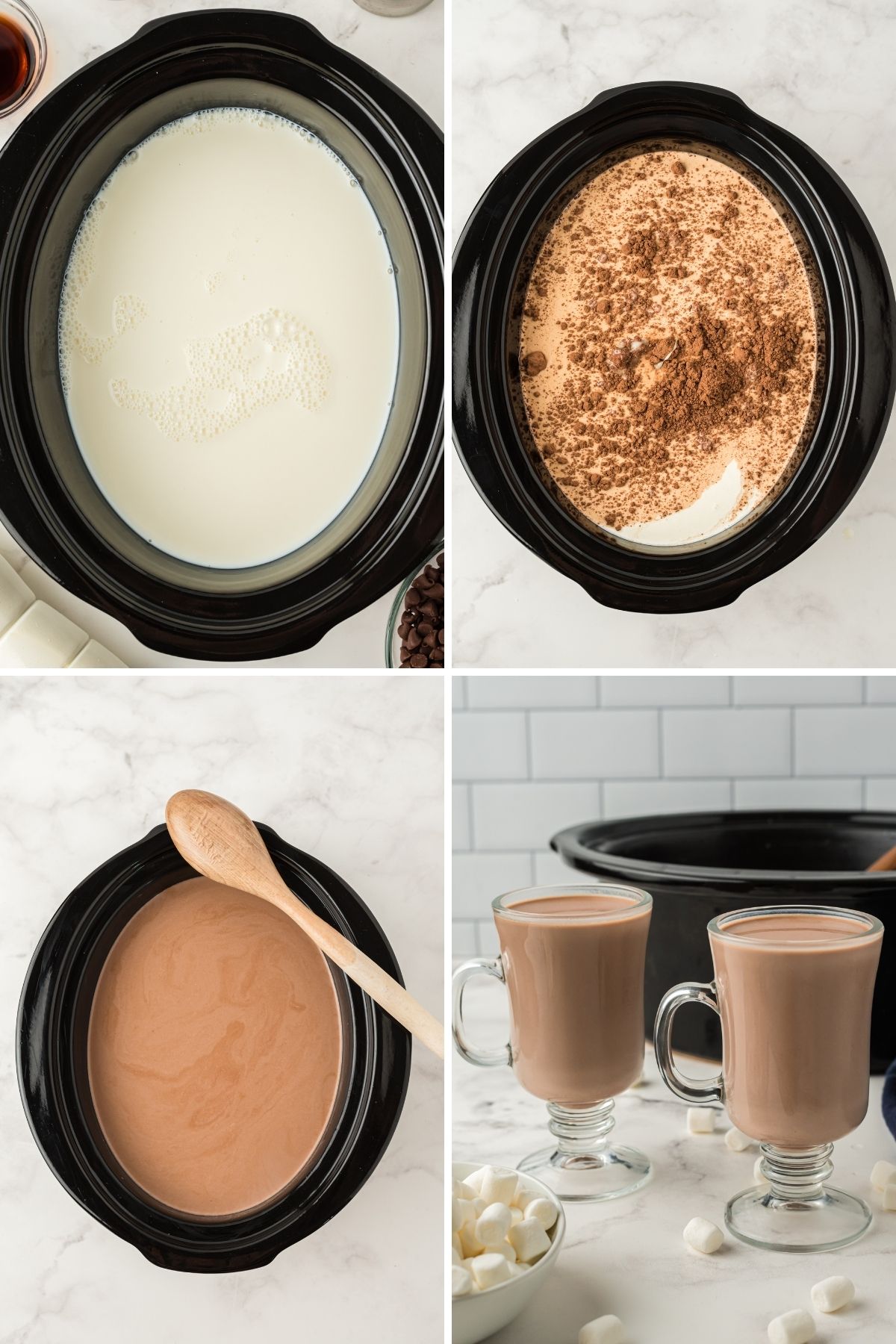 four images: milk and cream in crockpot, cocoa in milk mixture; light brown milk mixture with wooden spoon; two mugs with hot chocolate