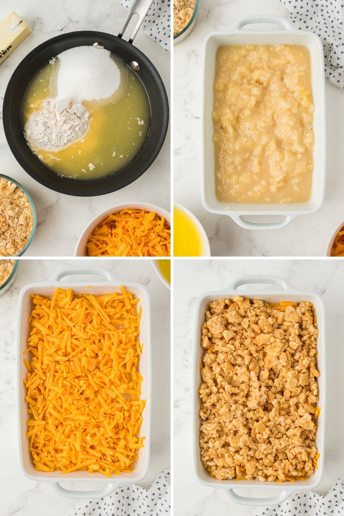 pan with melted butter, sugar and flour; casserole with with wet ingredients; shredded cheese on top; crushed Ritz crackers on the very top of casserole