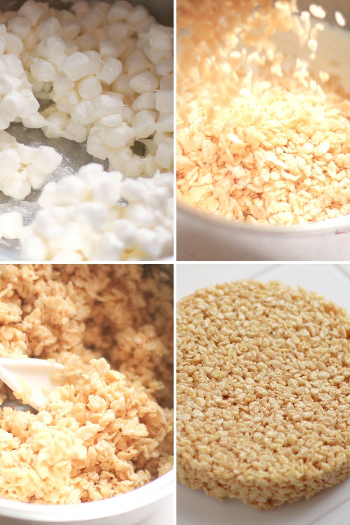 rice krispie cereal and marshmallows being mixed, then formed into round circle