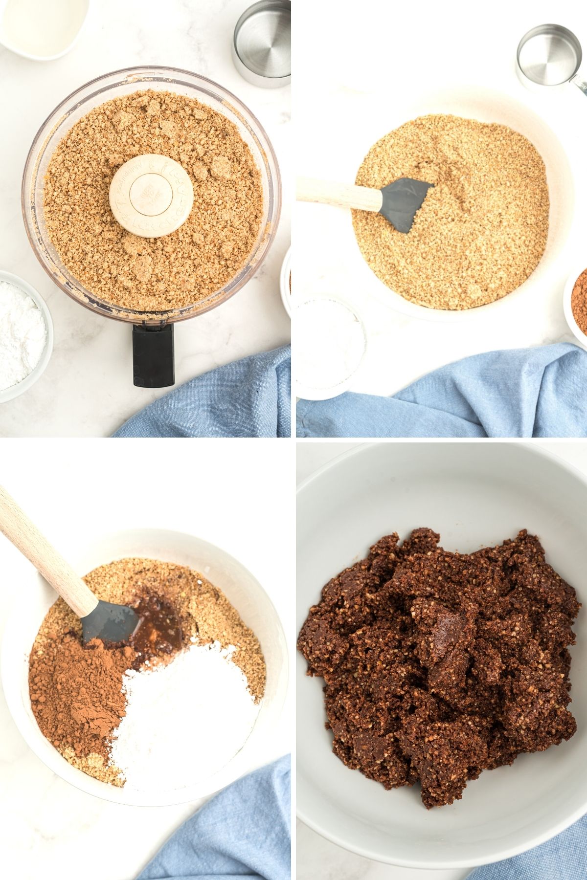 food processor with crushed vanilla wafters, wafer crumbs in bowl; ingredients in bowl; chocolate ingredients in bowl