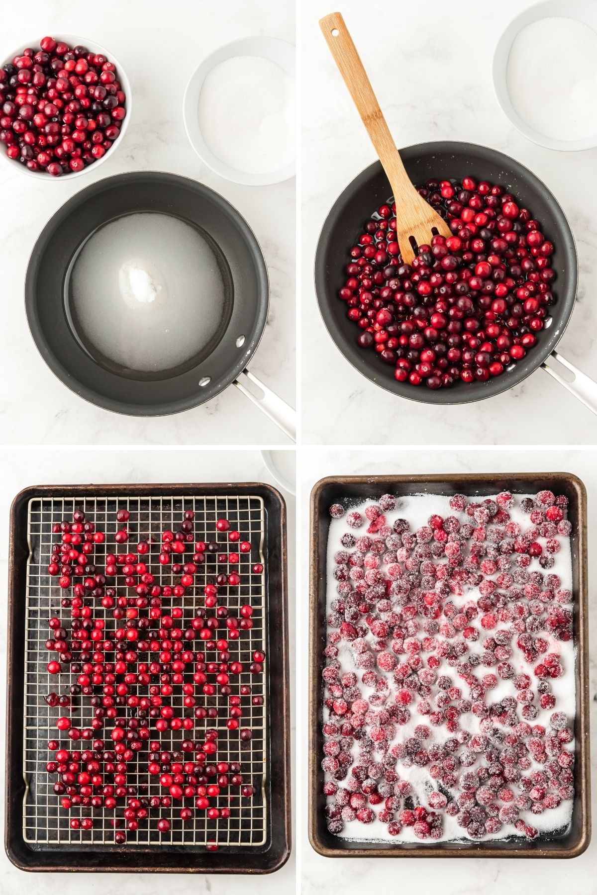 four photos: sugar and water in sauce pan; cranberries in sauce pan with wooden spoon; cranberries on wire rack; cranberries in baking sheet with tons of sugar on top