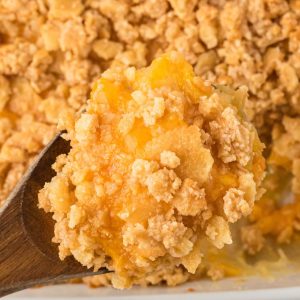 close up of pineapple casserole with crushed Ritz