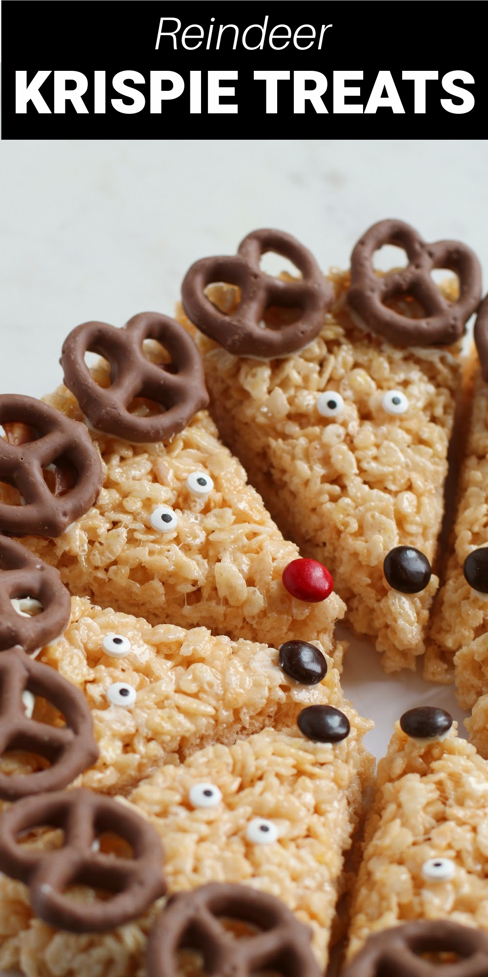 Turn your favorite treats into reindeer Rice Krispie treats with a few simple steps. Even make one reindeer Rudolph with a red nose!