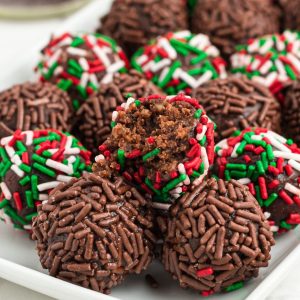 chocolate and Christmas sprinkles rum balls