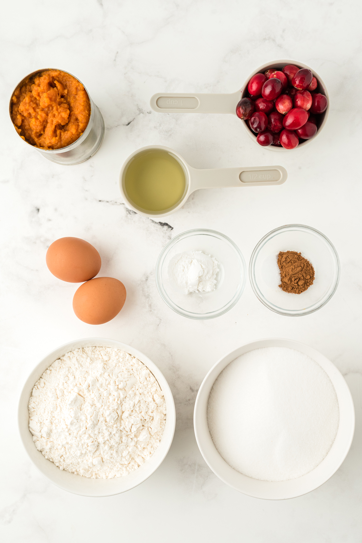 Ingredients of Pumpkin Cranberry Bread on a white counter. These are the following: eggs, all purpose flour, pumpkin puree, pumpkin pie spice, baking powder, vegetable oil. salt, fresh cranberries, and sugar
