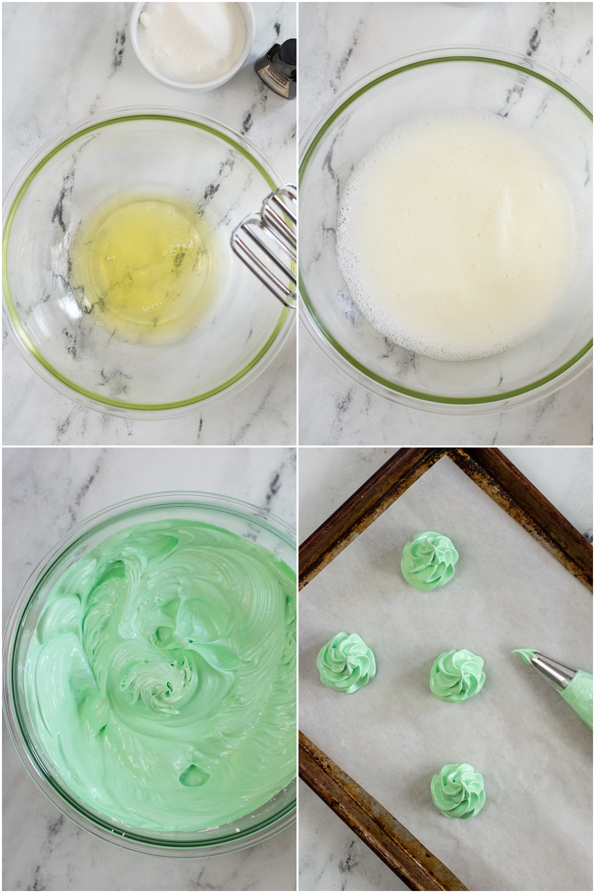 A collage of how to prepare Christmas Tree Meringues. 