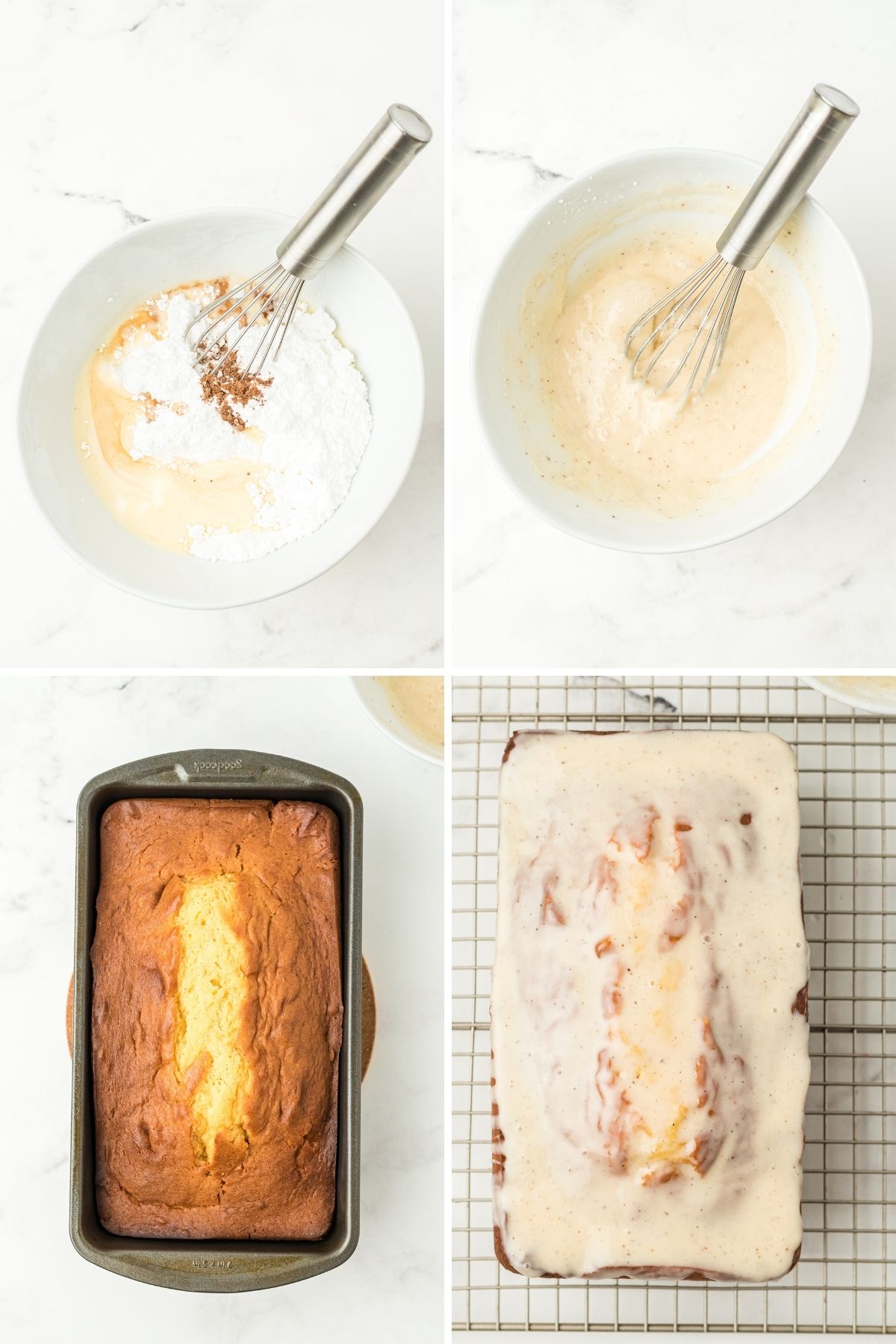 four photos: eggnog glaze ingredients in white bowl; whisked glaze in bowl, light yellow in color; baked eggnog bread in loaf pan; glaze on top of eggnog bread
