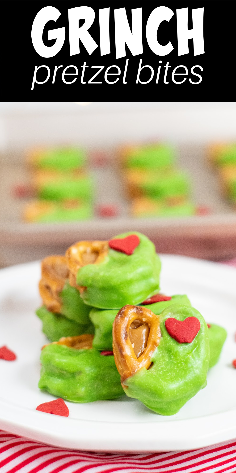 Grinch pretzel bites are salty and sweet treats in a cute Christmas theme. Melted caramels are smashed between two salty pretzels, dipped in sweet chocolate with a red candy heart.