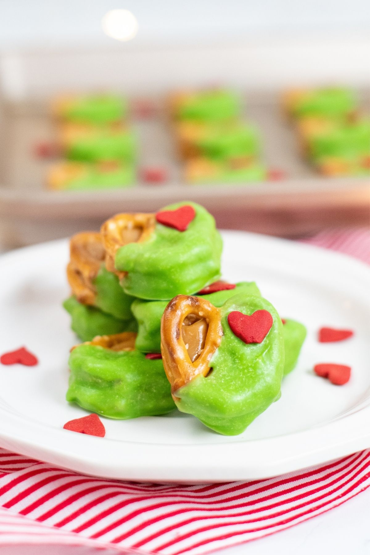 bright green coated pretzels with a large red heart