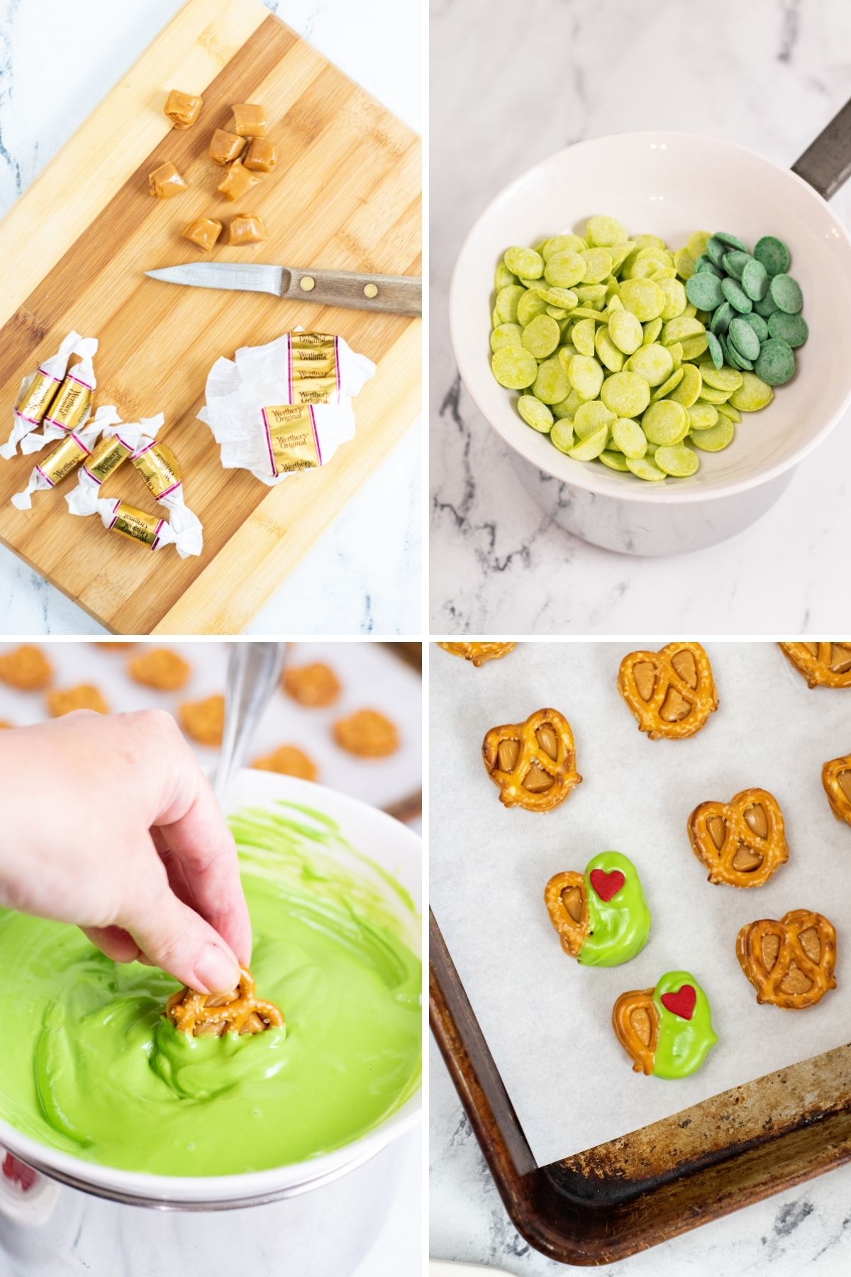 four photos: cutting board with unwrapped caramel candies; light green and dark green candy melts in bowl; melted candy melts; pretzels with caramel in them, two with dipped in green chocolate with red hearts