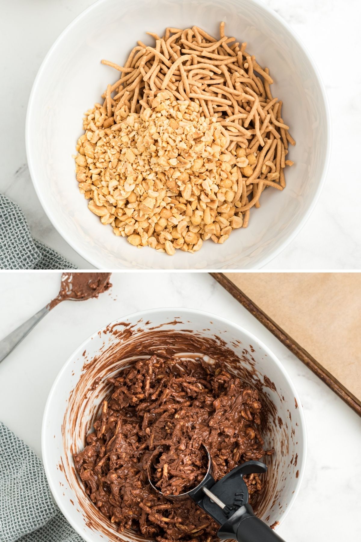 top: bowl with chow mein and chopped peanuts. Bottom: added melted chocolate with cookie scoop
