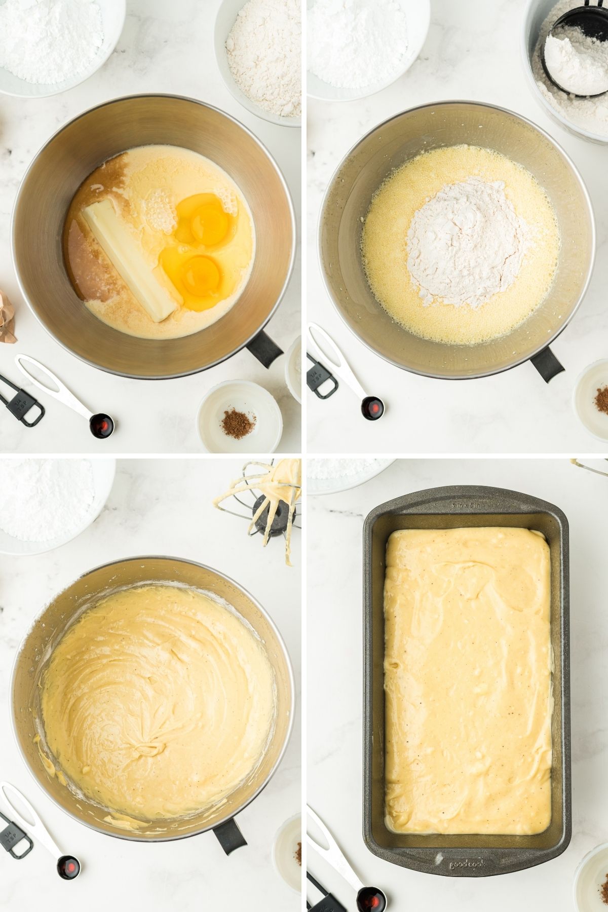 four photos: eggs and butter in bowl; added flower to bowl; batter mixed together in bowl; batter in loaf pan