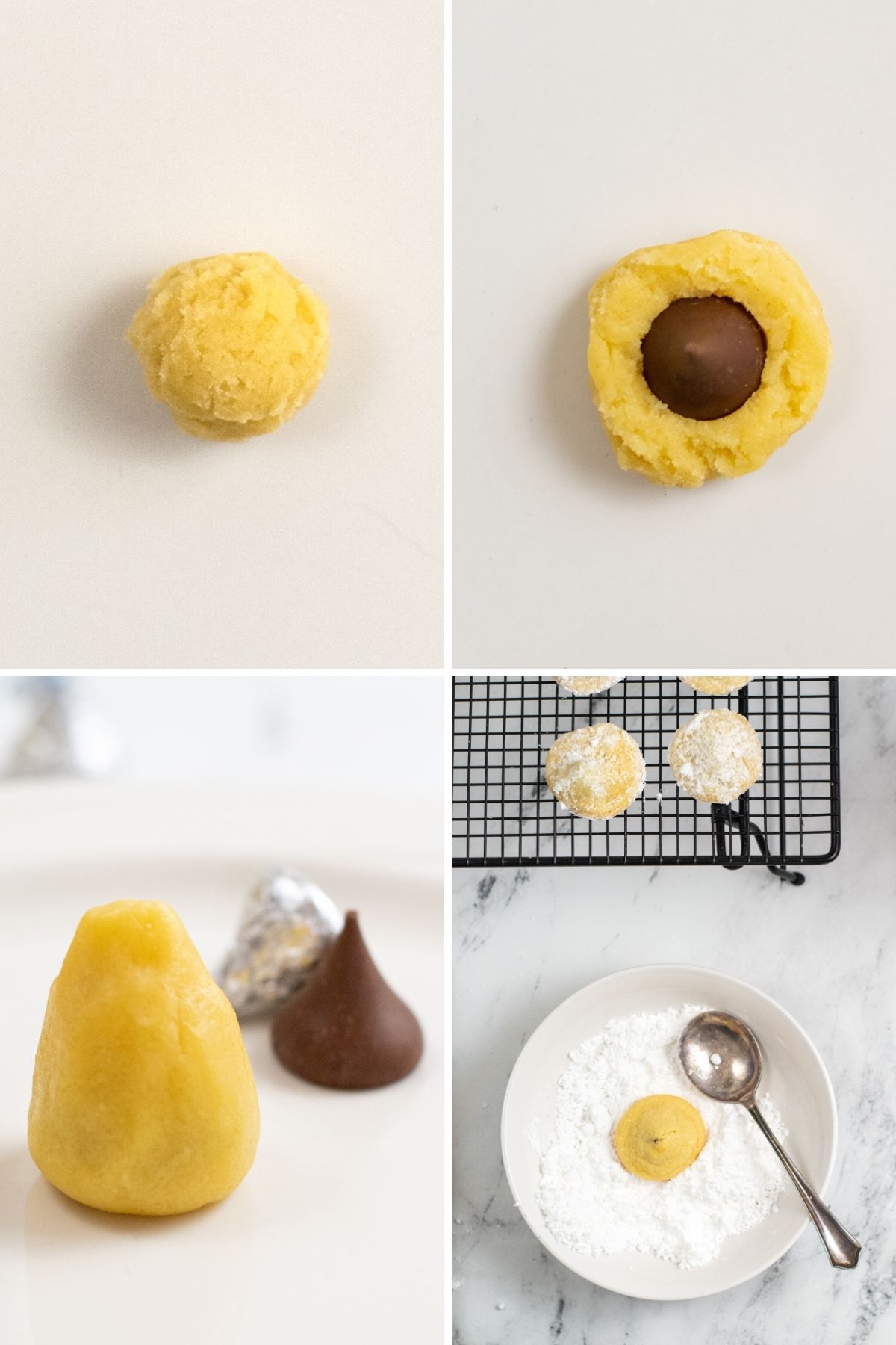 four photos showing the process: ball of cookie dough, Hershey's kiss in center of dough; dough covering Hershey's kiss; cooked cookies being dipped in powdered sugar