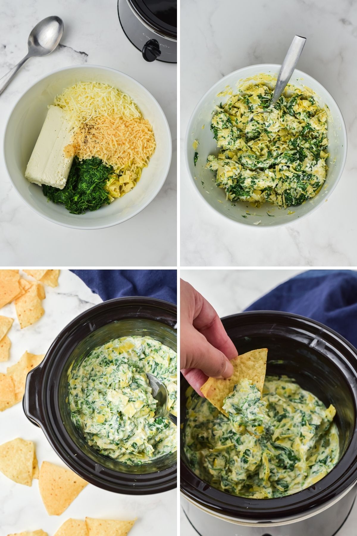 four photos: ingredients in white bowl; mixed together with spoon; ingredients cooking in crockpot; baked dip with a tortilla in crockpot