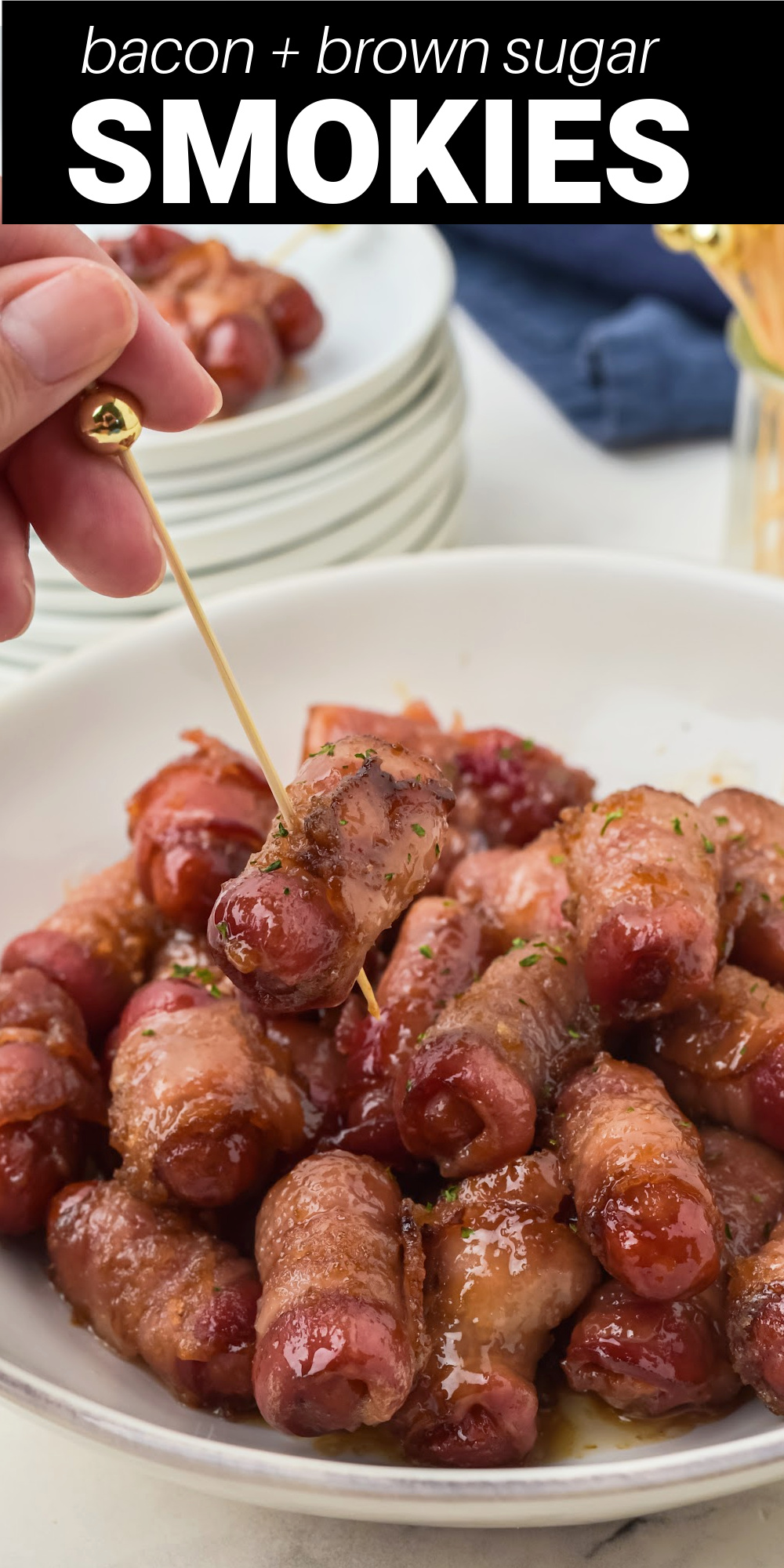 Made with just a few pantry ingredients these Bacon Wrapped Smokies with sweet brown sugar glaze are a sweet and smokie snack everyone loves! They are an absolute must for game day or your next party!