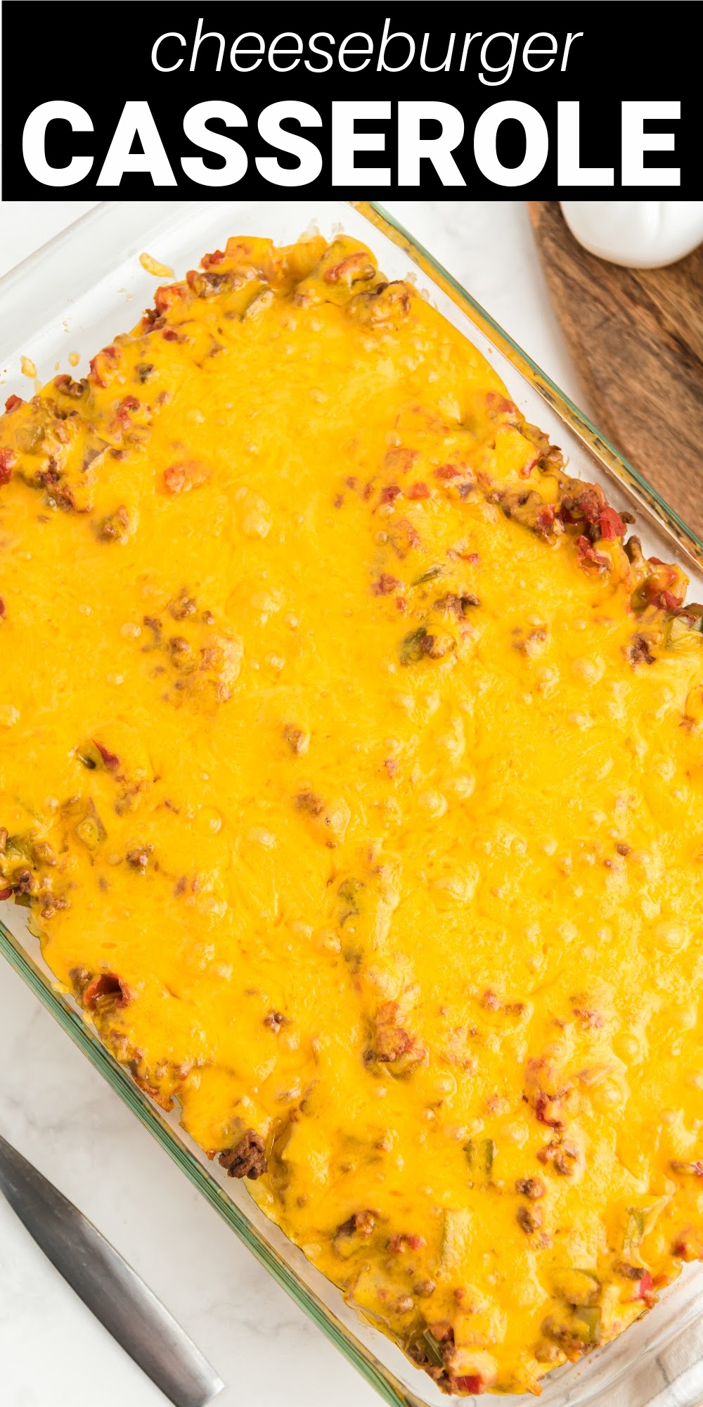 This cheeseburger casserole tastes like a juicy cheeseburger without the bun. Tender ground beef is paired with diced tomatoes, simple seasonings, and is tossed with elbow macaroni and topped with melted cheddar cheese making the most amazing meal.