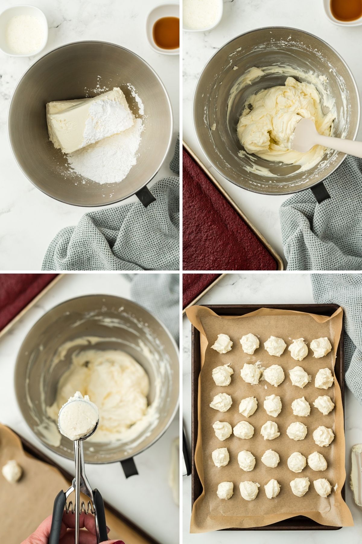 four images: cream cheese blocks and powdered sugar in mixing bowl; mixed together with spatula in bowl; cookie scoop with cream cheese mixture on it; cream cheese balls on baking sheet 