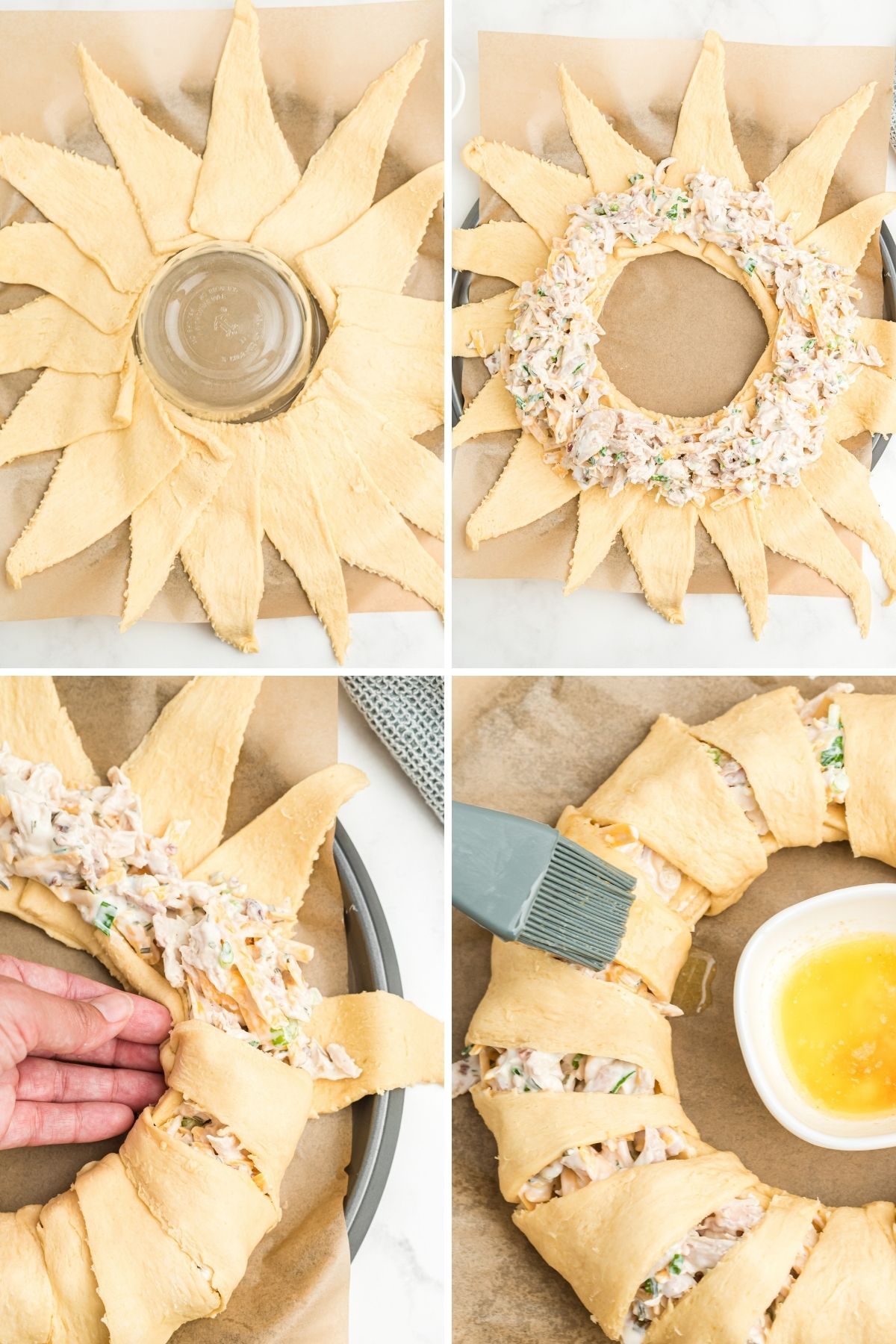 four images showing progression: crescent triangles laid out in circle with points on outside; chicken mixture on top of wide crescent pieces; folding points inward; brushing with melted butter