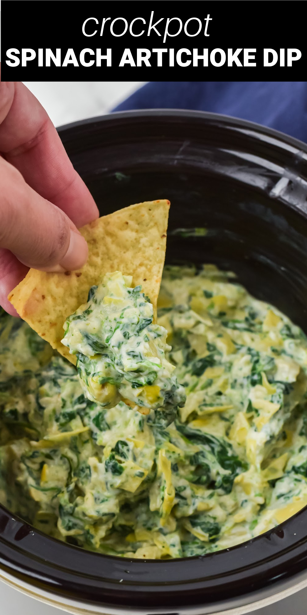 If you're looking for an insanely easy and delicious dip recipe, this warm and cheesy Crockpot Spinach Artichoke Dip is it! It's the ultimate game day or party appetizer that can easily be made in advance!