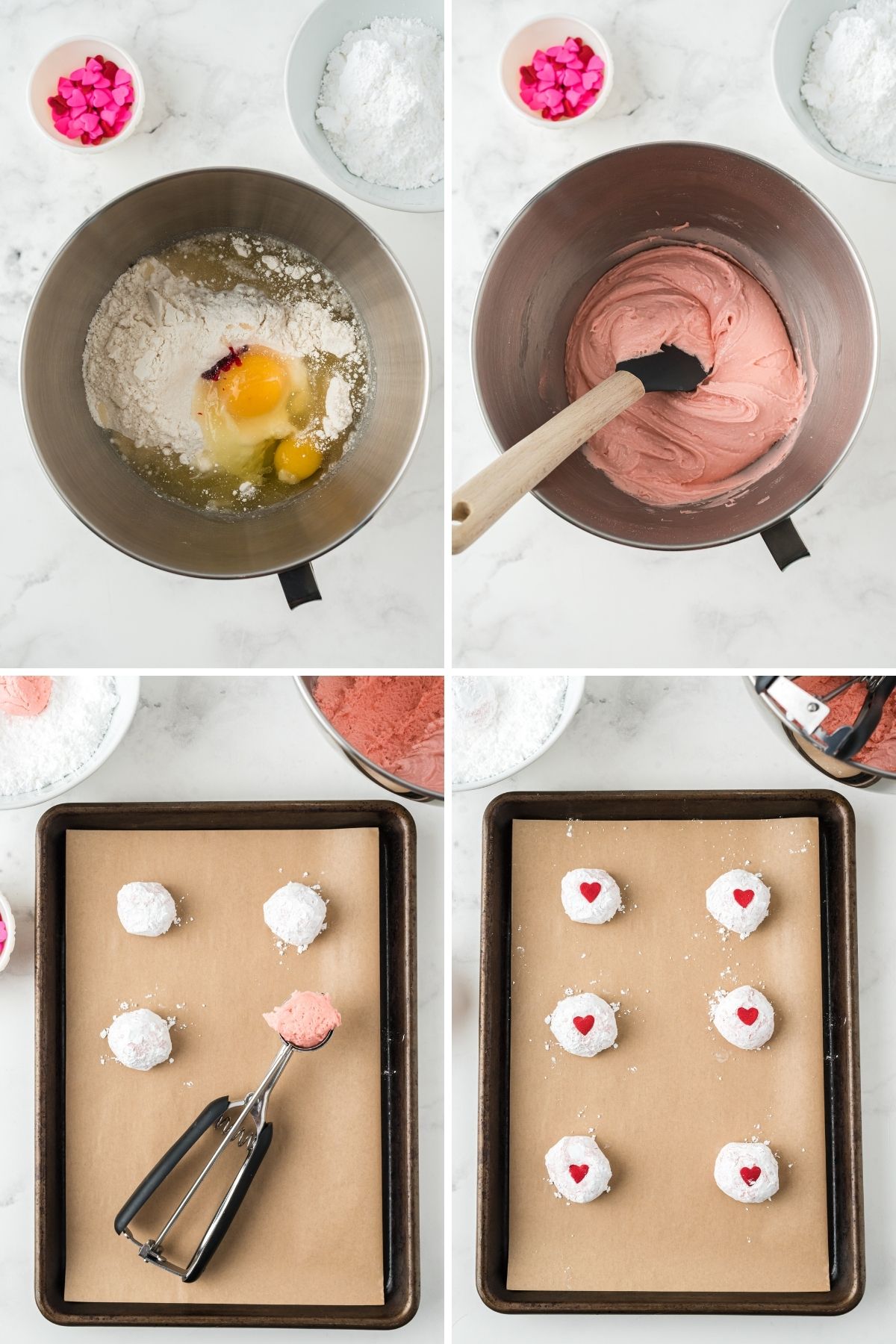 four photos of the process: ingredients in mixing bowl; spatula mixing pink batter; batter rolled in powdered sugar on parchment lined baking sheet; red sprinkle in the middle of each cookie ball
