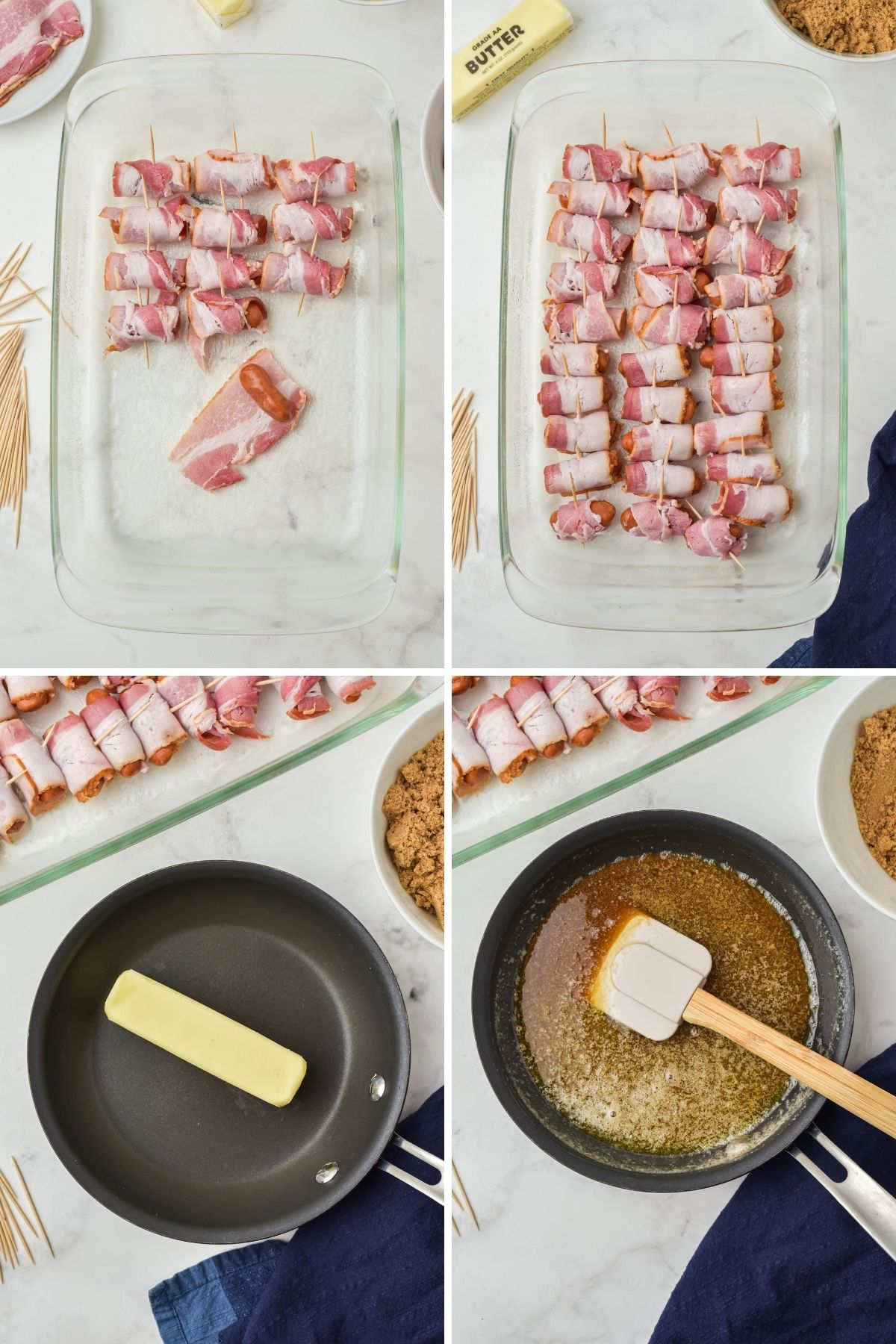 four images: a few smokies wrapped in bacon; filled baking dish with wrapped smokies in rows; butter in sauce pan; melted butter with brown sugar in pan