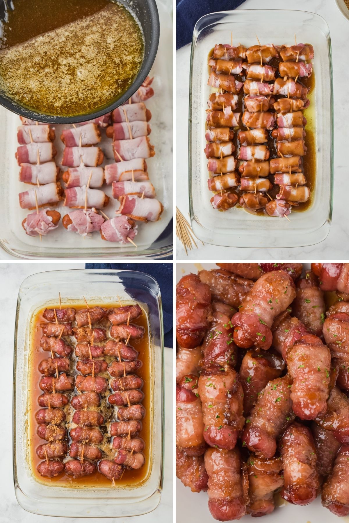 four images: pouring melted butter mixture on top of sausages; pan with mixture on top; baked sausages with bacon; close up of cooked bacon sausages