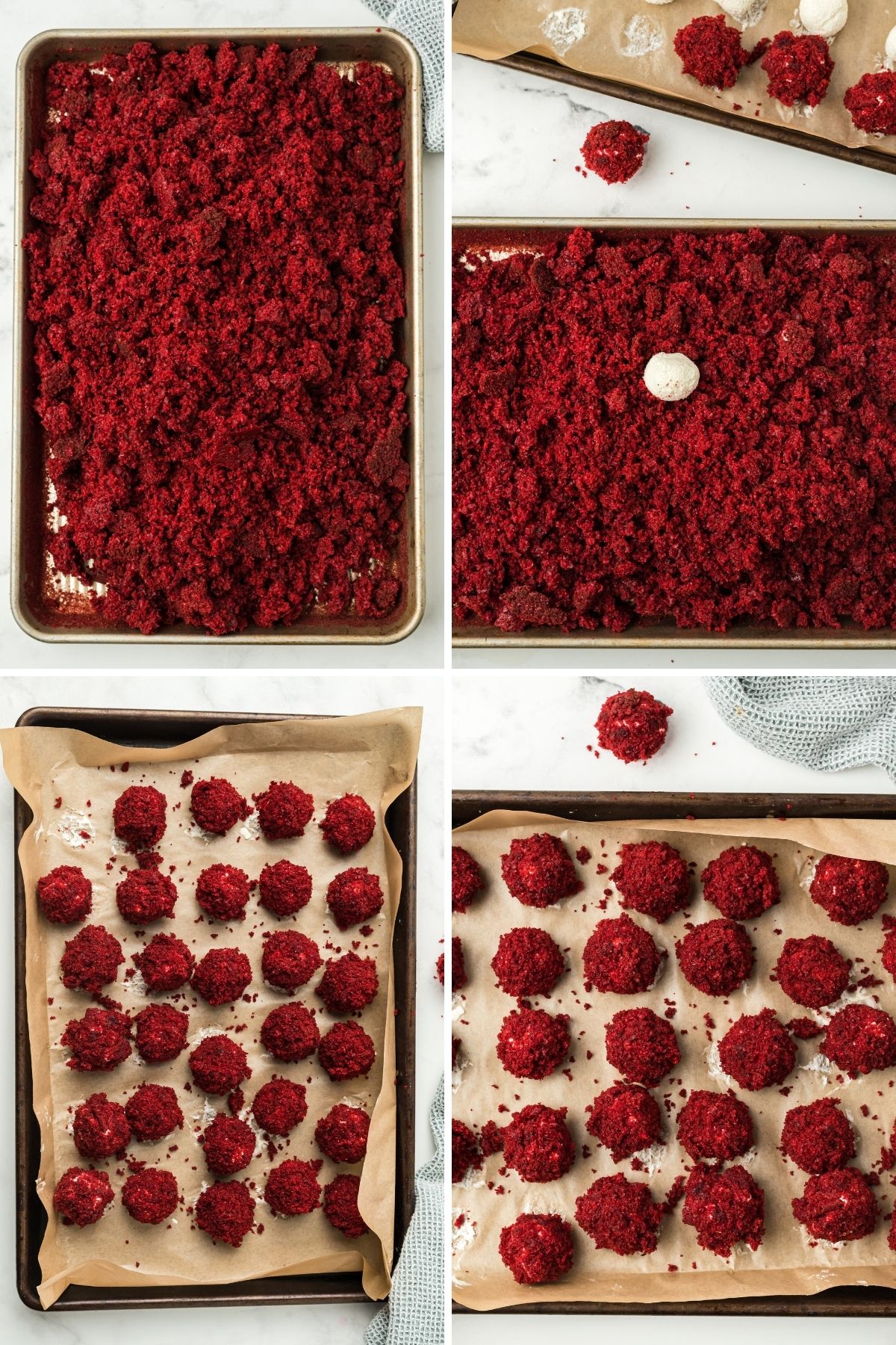 four images: red velvet cake crumbled up on a baking sheet; white cream cheese ball in middle of red velvet crumbles; red velvet balls on baking sheet