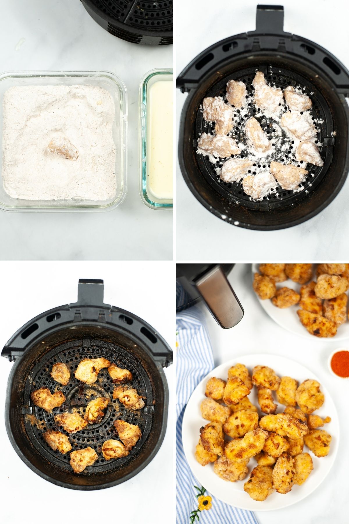 four photos: flour in dish; chicken pieces with flour inside air fryer; baked nuggets in air fryer; nuggets on white plate 