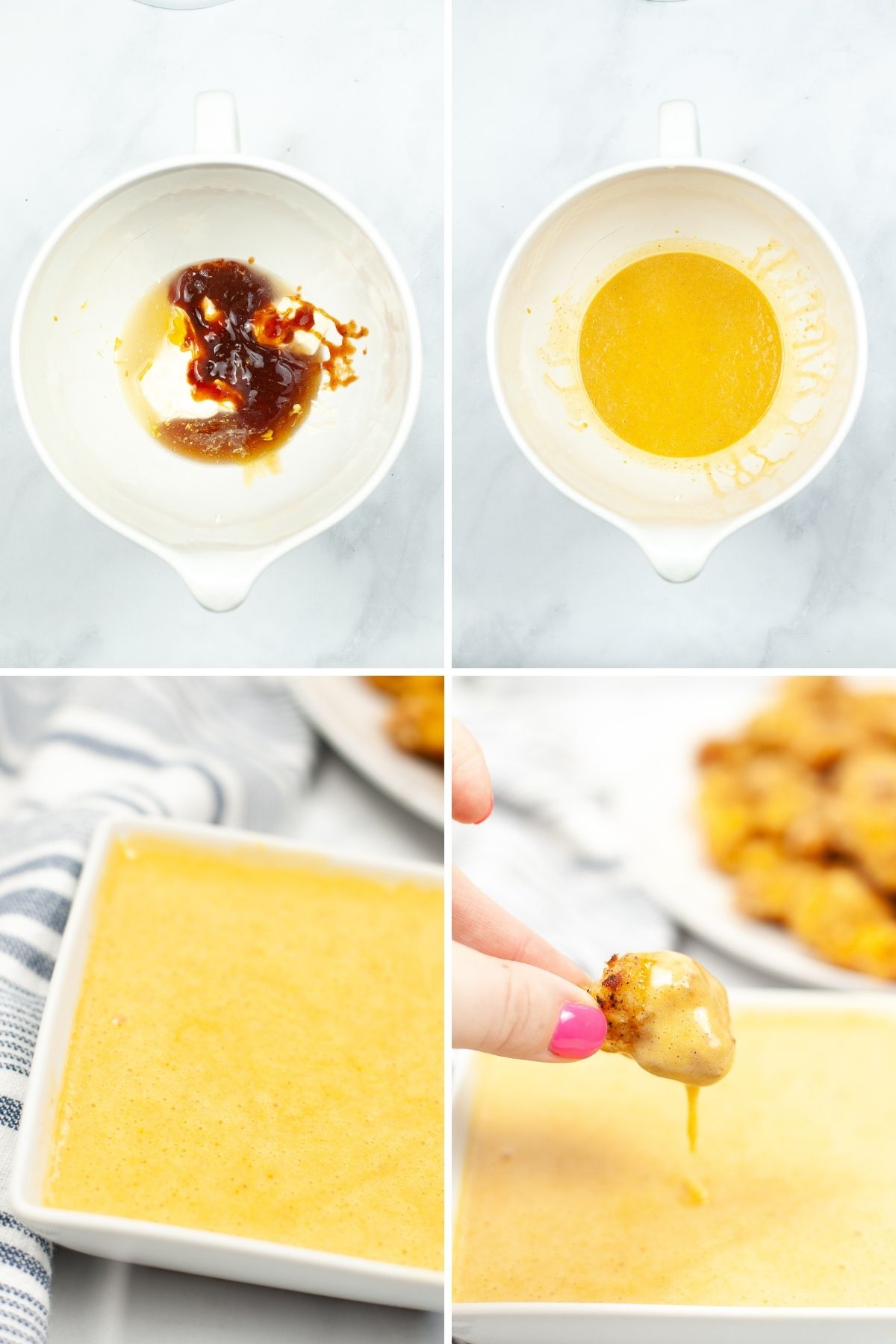mixing bowl with ingredients; ingredients mixed together; yellow sauce in white square serving bowl; nugget being dipped in sauce