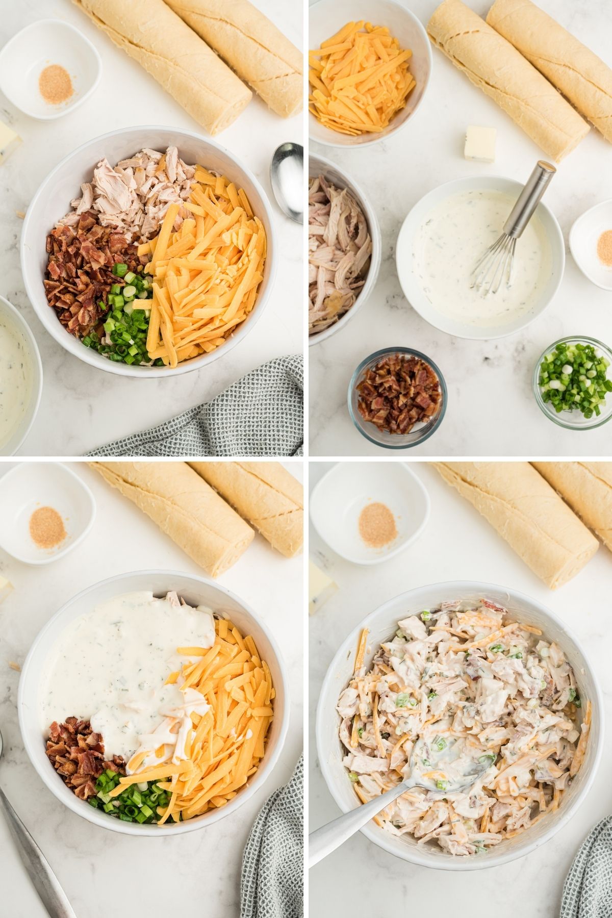 ingredients in bowl; whisk with cream cheese and ranch; white cream cheese mixture poured on top of ingredients; chicken mixture stirred together